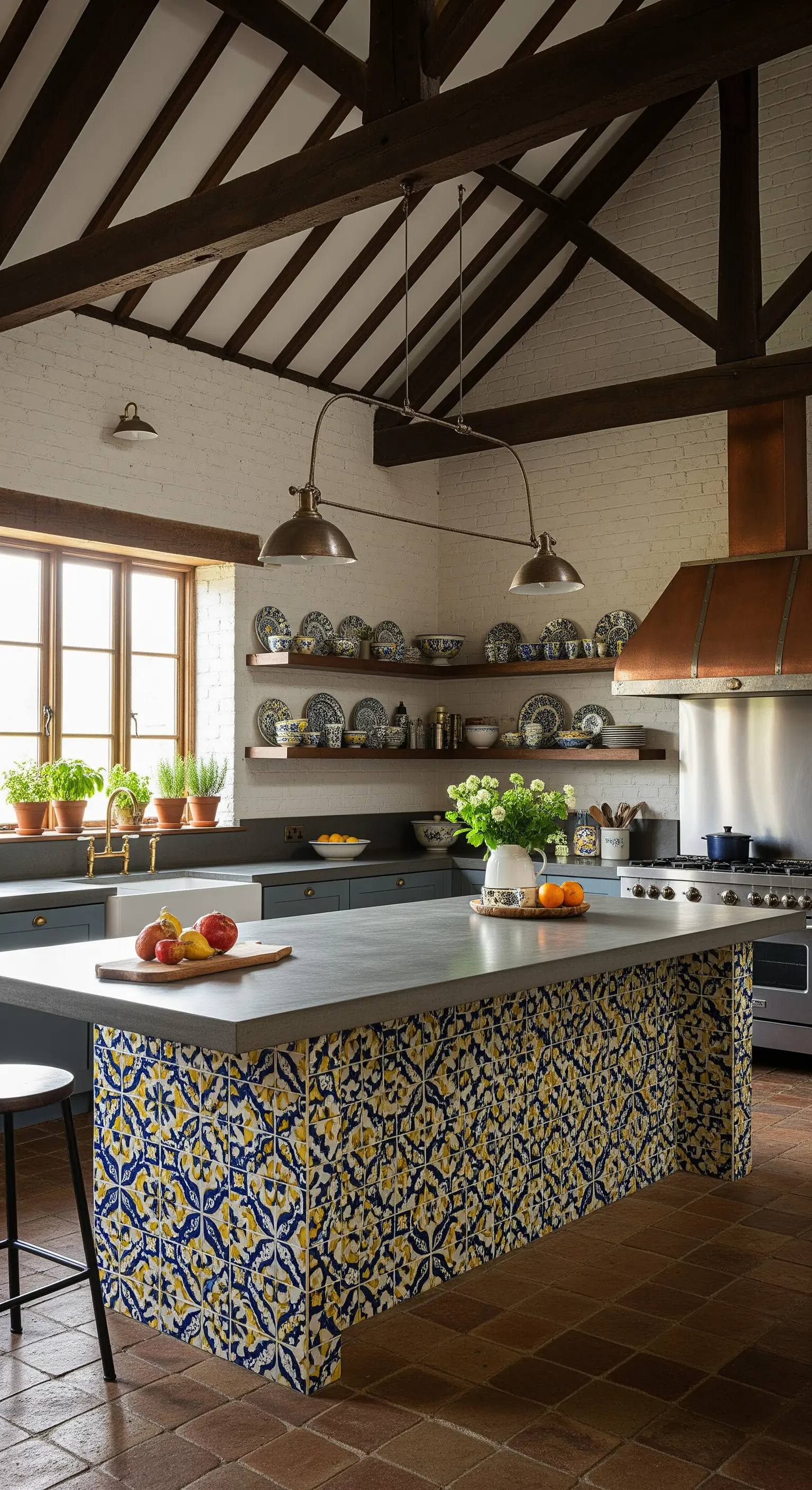 Grande cucina rustica con travi a vista, pareti bianche e isola rivestita di maioliche blu e gialle.