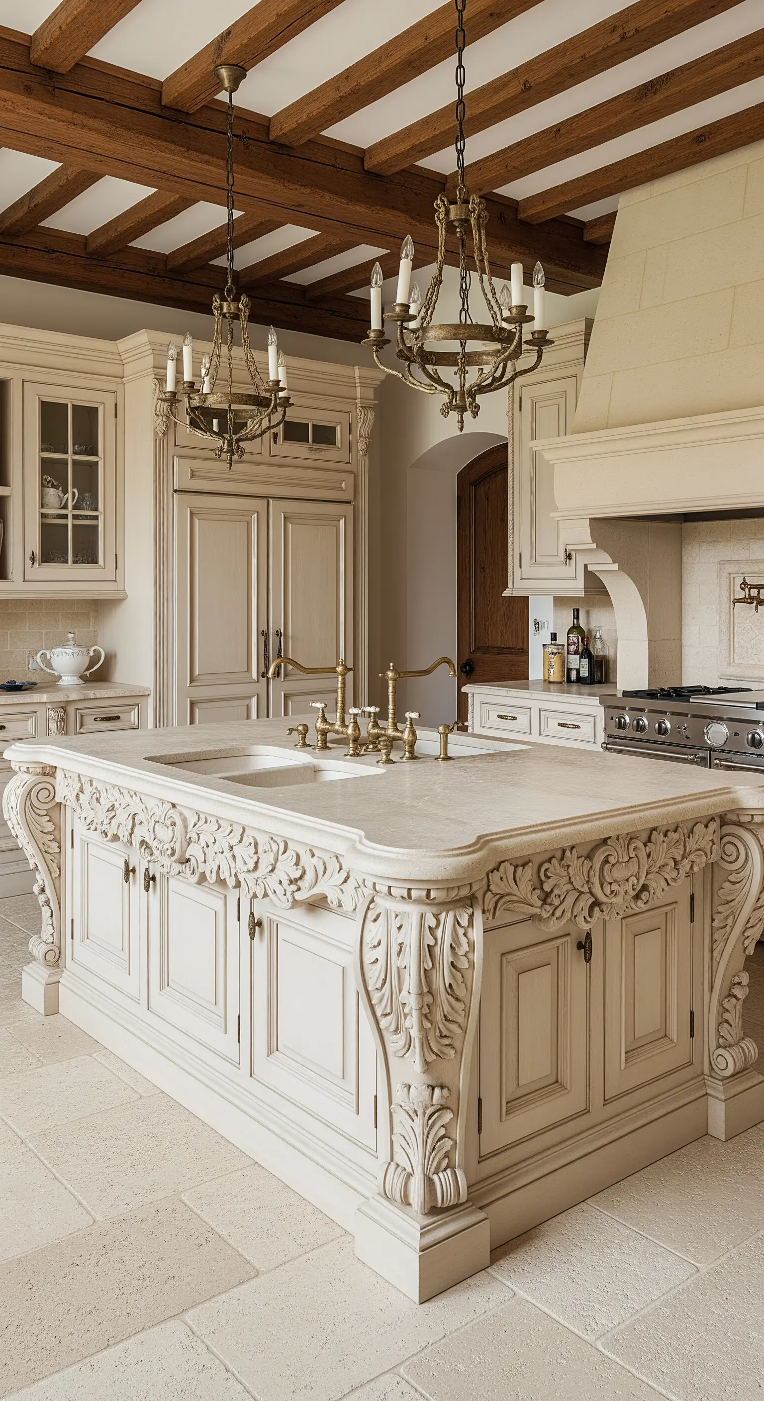 Isola cucina finemente intagliata in pietra color crema, in stile classico francese con travi a vista.