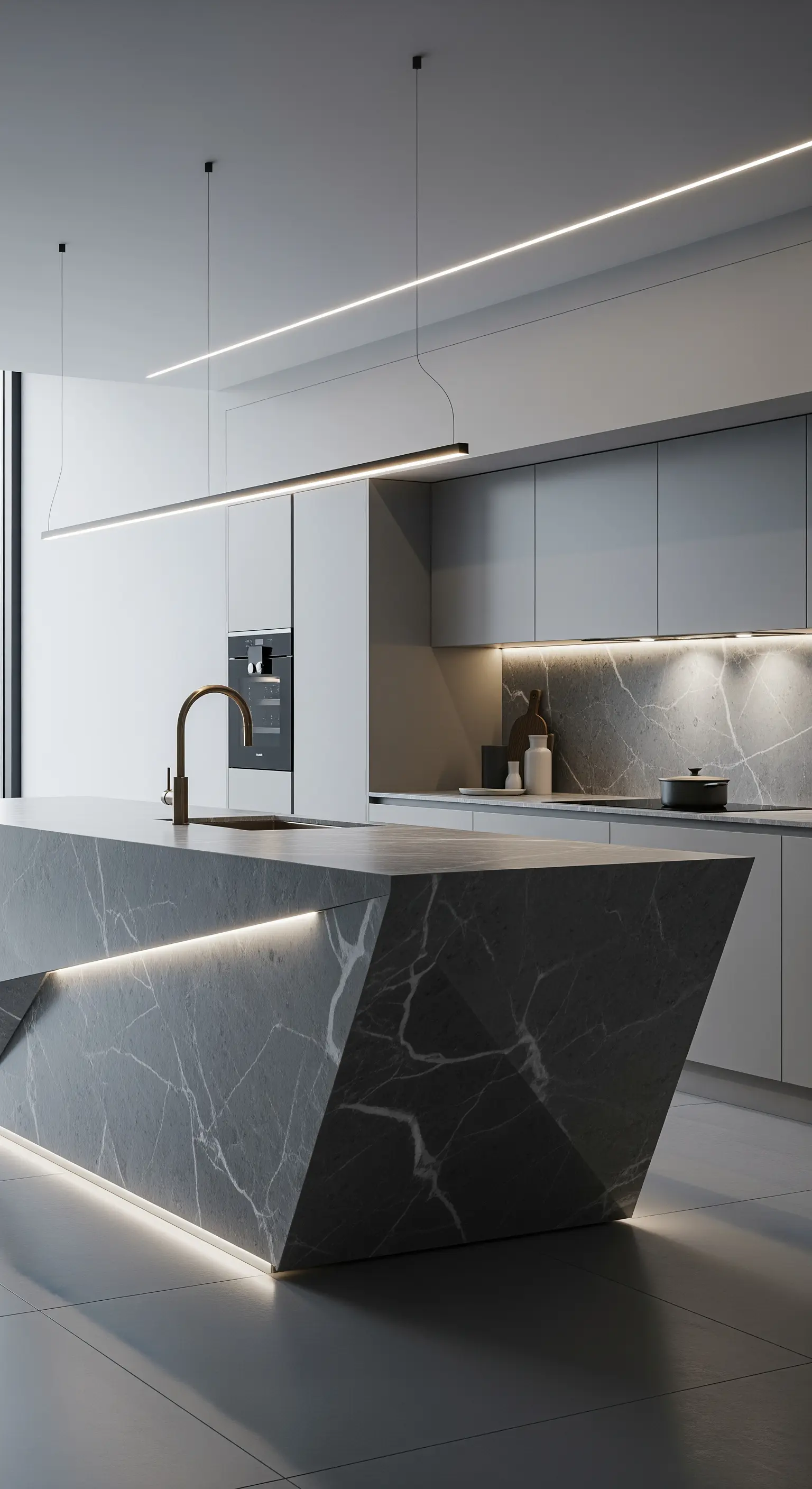 Isola cucina dal design geometrico e angolare in marmo grigio scuro con illuminazione a LED integrata.
