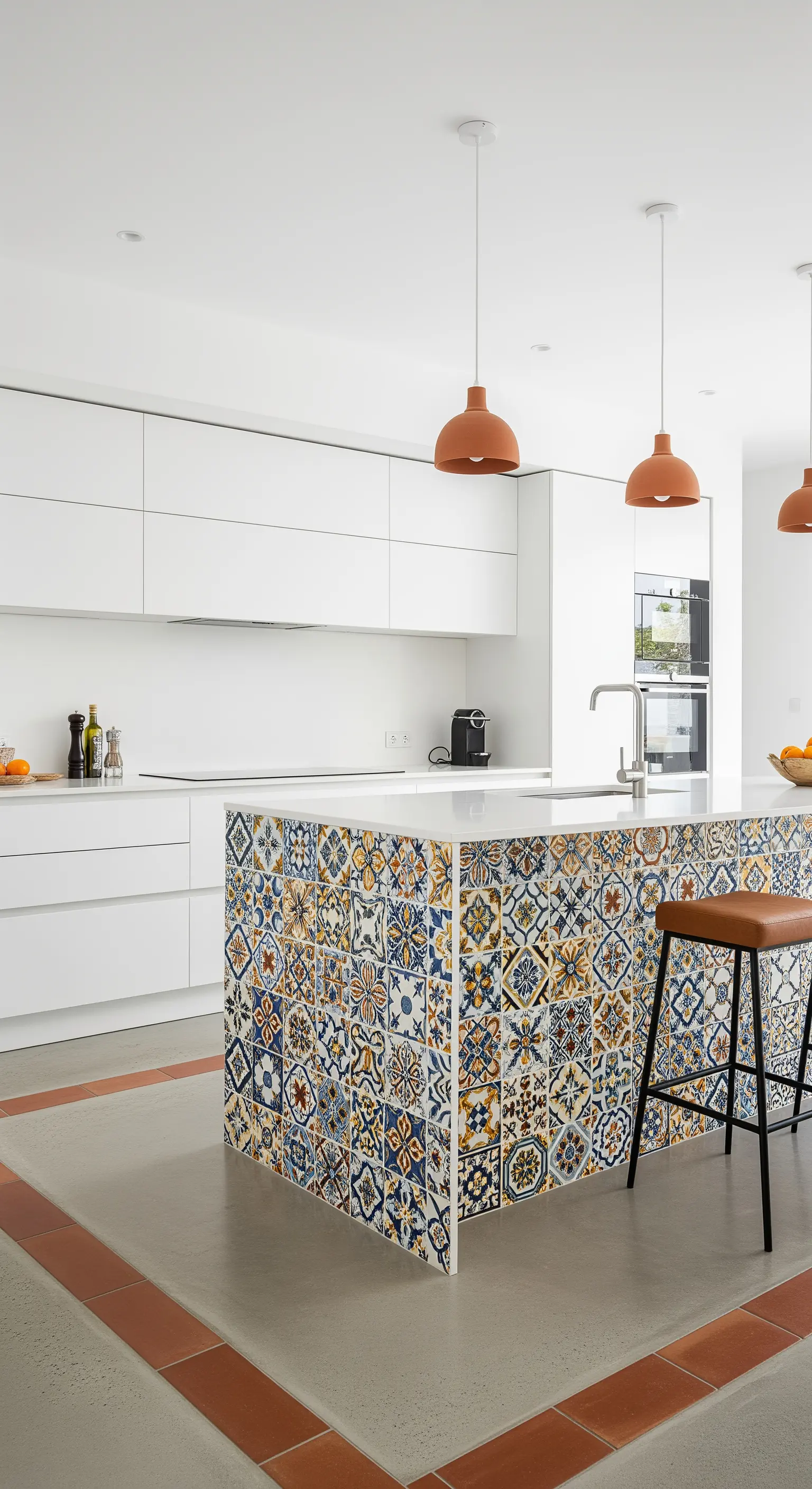 Cucina moderna bianca con isola rivestita di maioliche patchwork e lampade in terracotta.