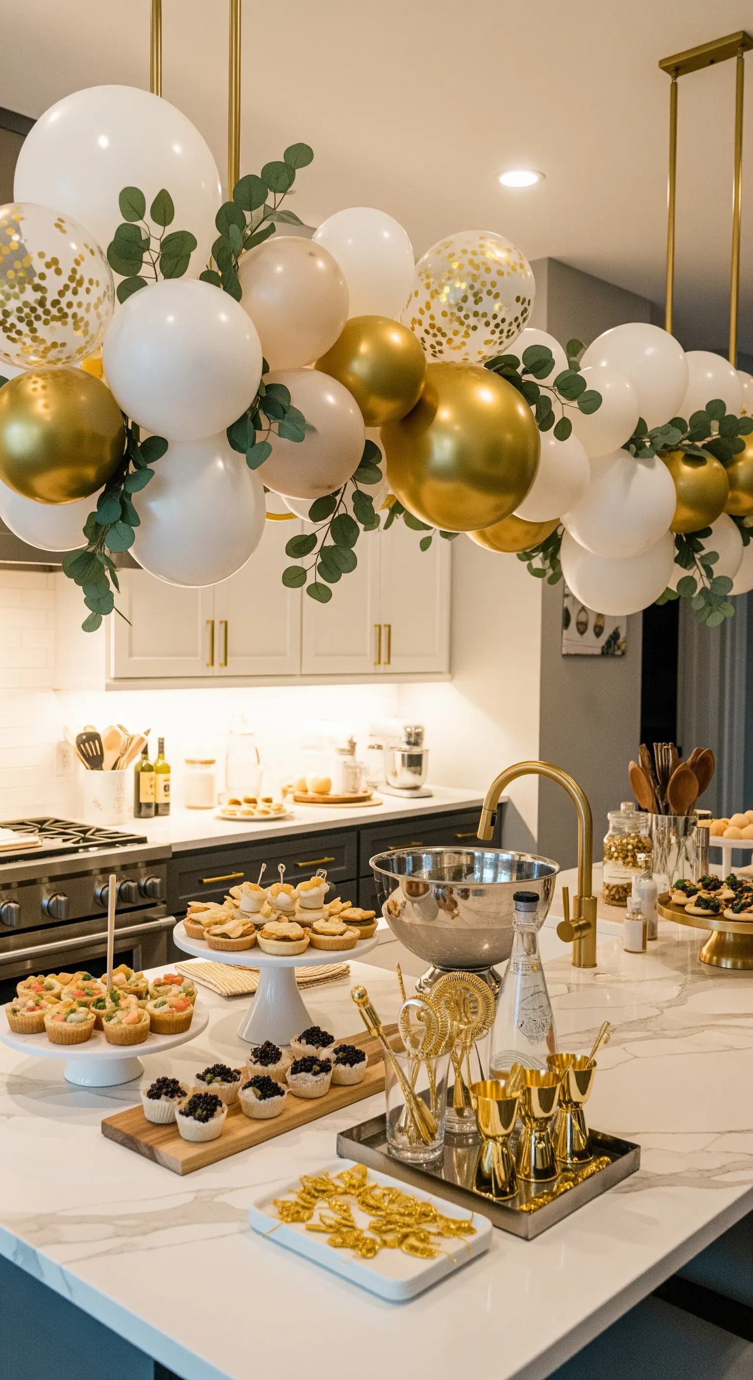 Isola della cucina decorata con una ghirlanda di palloncini e stuzzichini per un party.