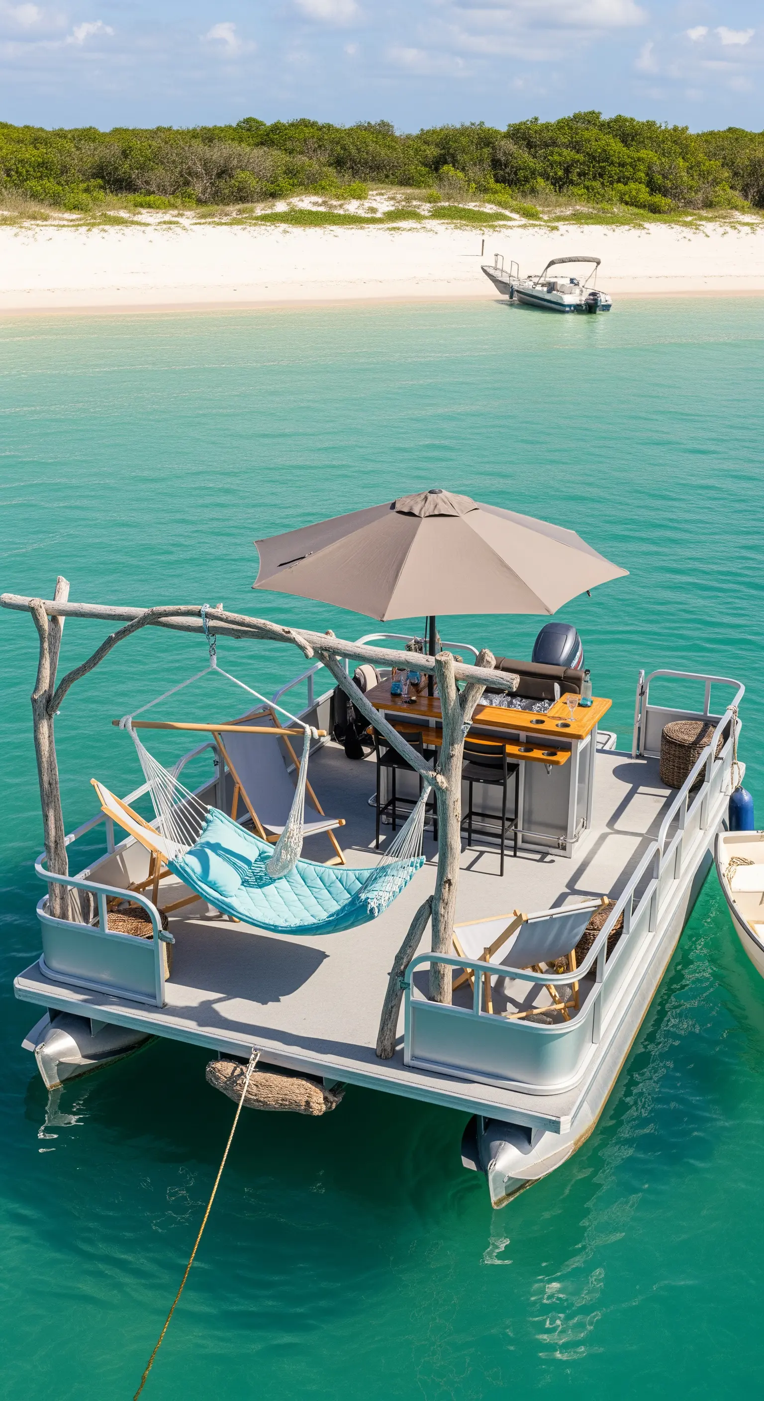 Barca pontone trasformata in lounge galleggiante con bar, amaca e ombrellone.