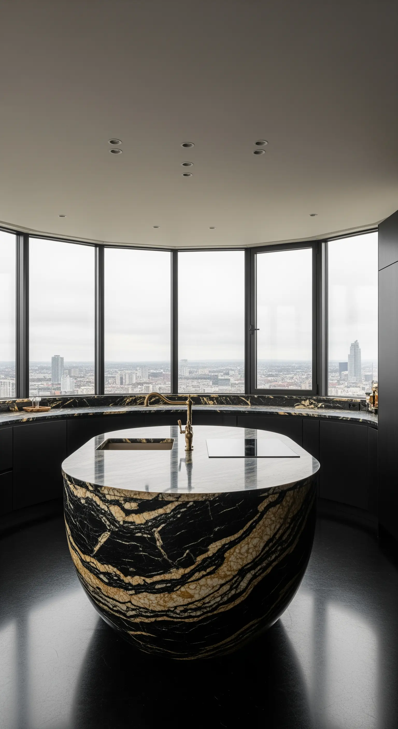 Isola scultorea di forma ovale in marmo nero e oro, posta al centro di una cucina panoramica circolare.