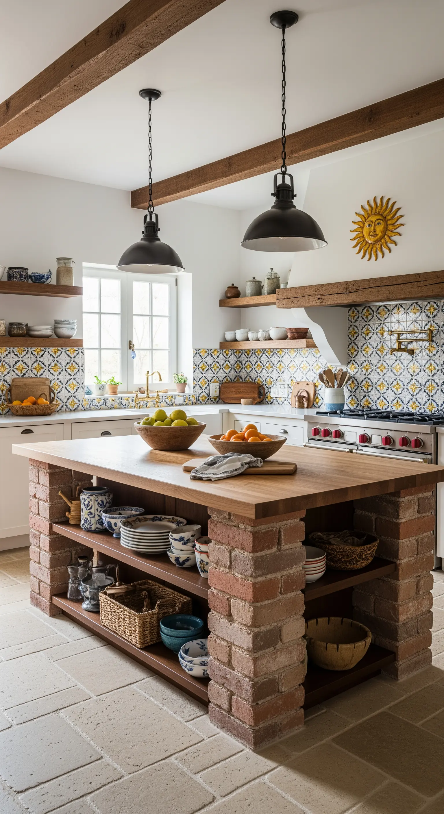 Cucina rustica con isola in mattoni, top in legno e paraschizzi con maioliche gialle e blu.