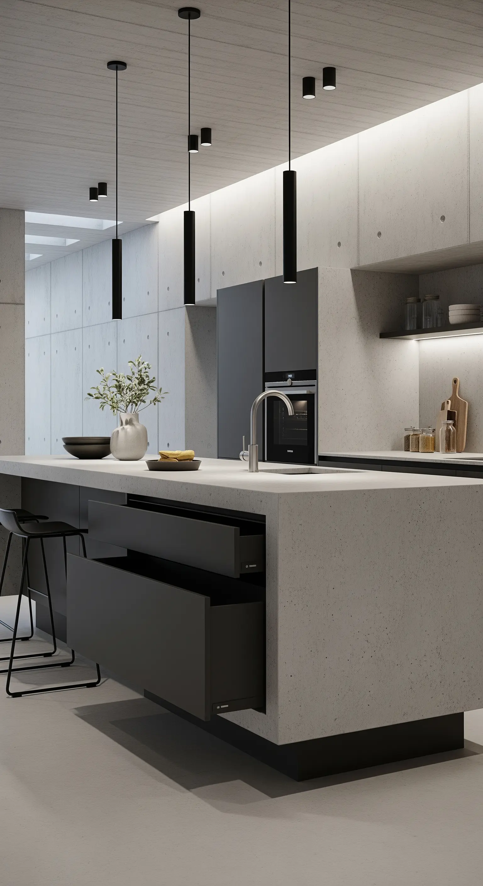 Isola cucina monolitica in cemento con cassetti neri a contrasto.