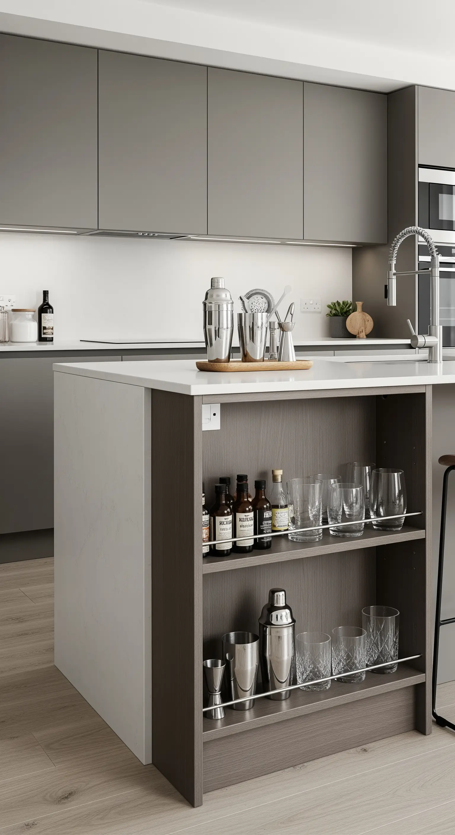 Mensole per cocktail bar integrate nel fianco di un'isola da cucina.