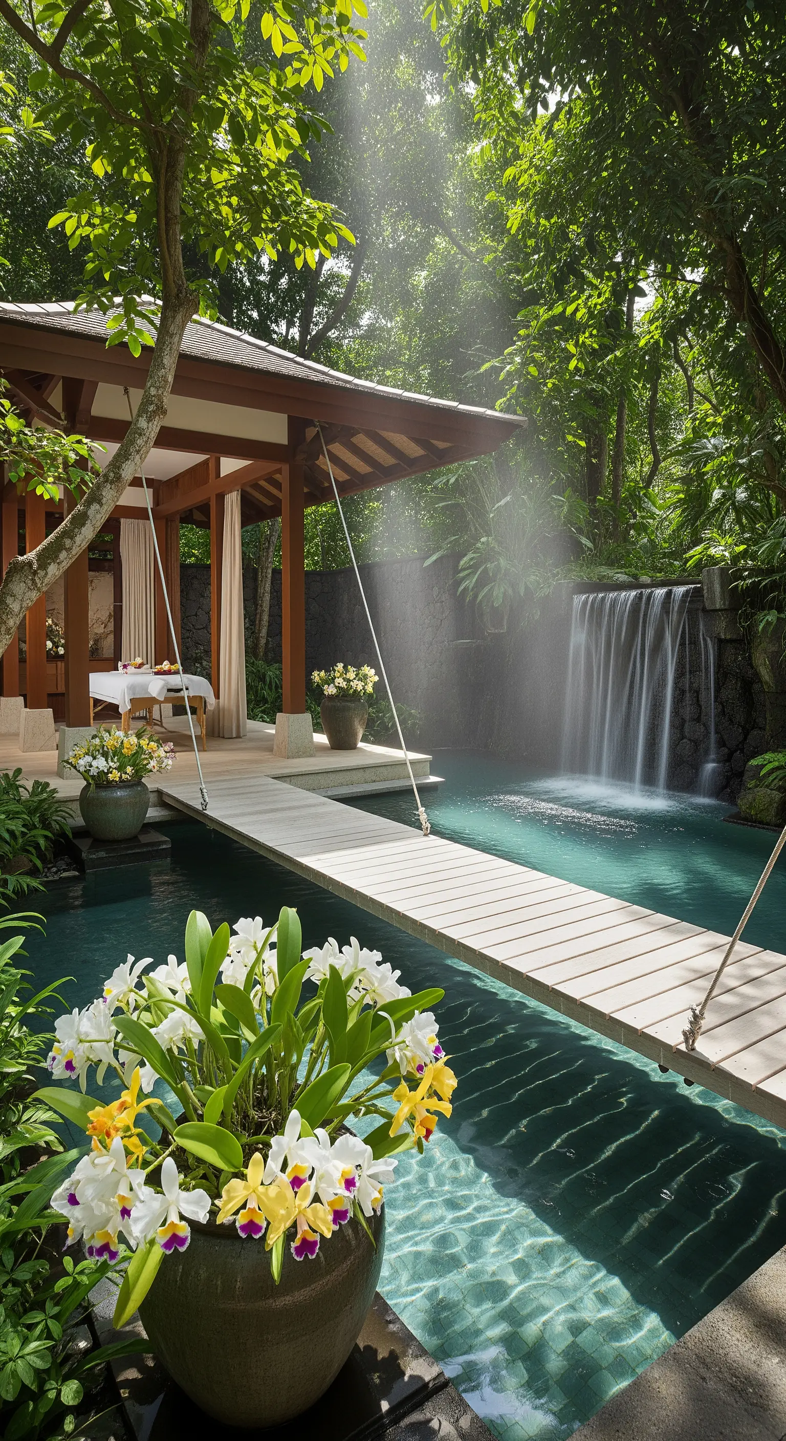 Padiglione relax con piscina, cascata e orchidee in un giardino lussureggiante.
