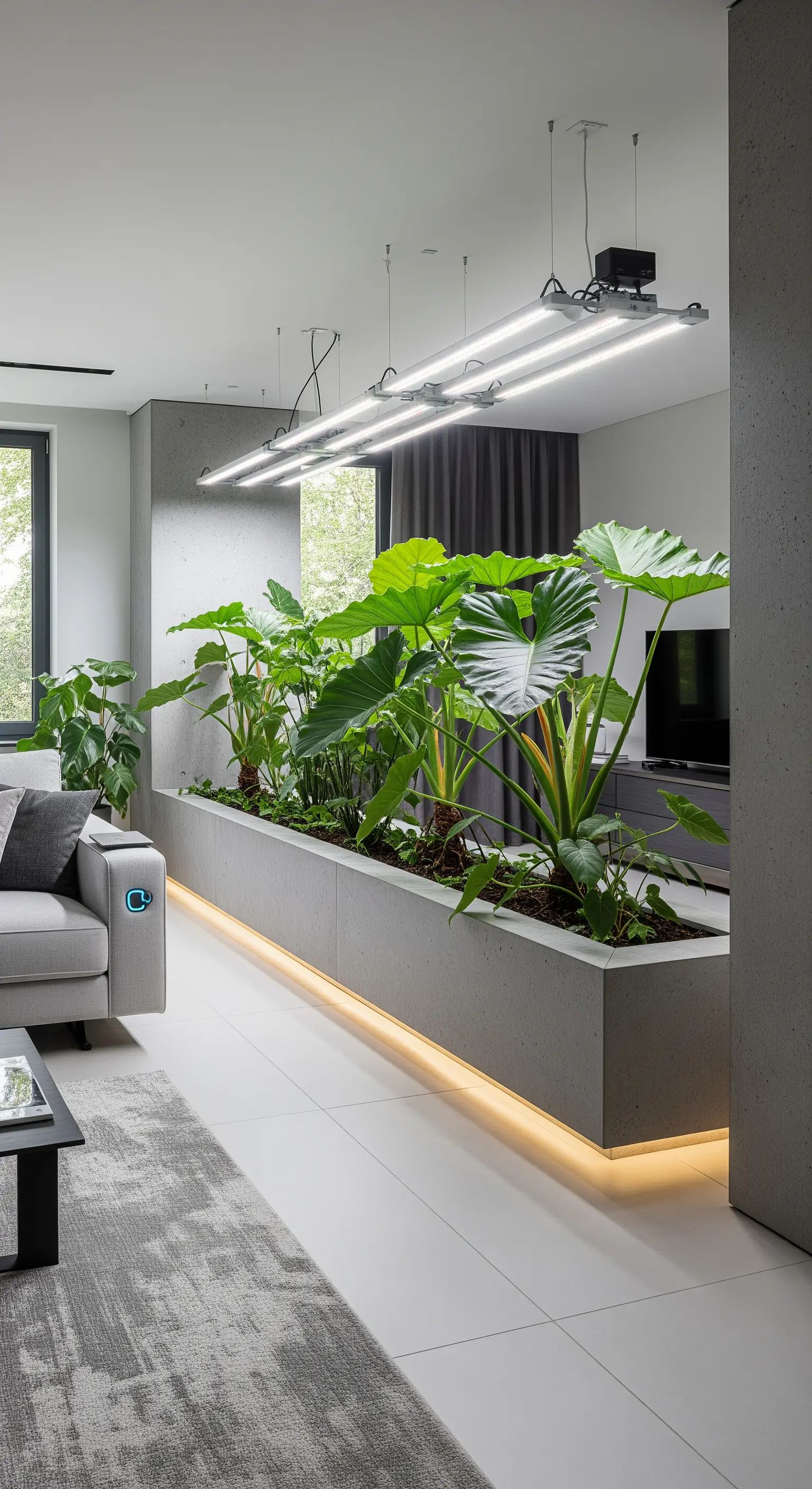 Una lunga fioriera in cemento con piante di Alocasia divide un moderno soggiorno open space.