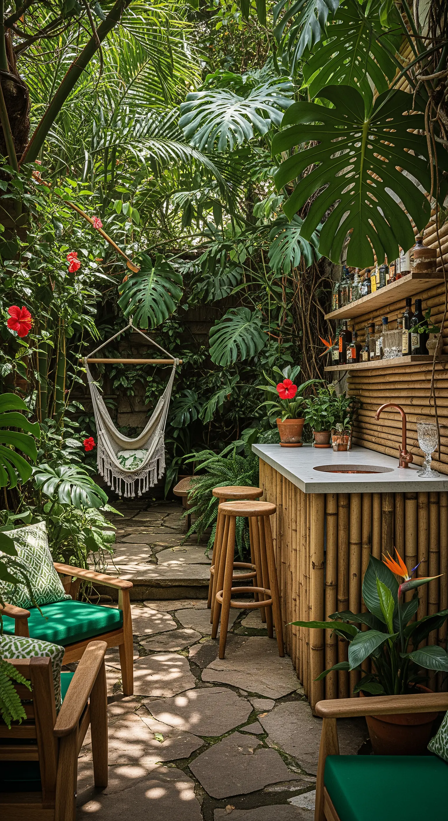 Piccolo patio lussureggiante con bancone bar in bambù, sgabelli in legno e sedia sospesa.