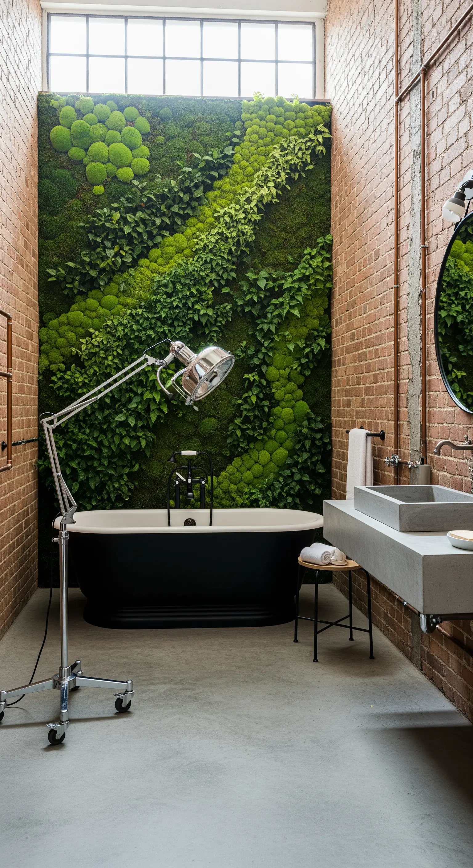 Bagno industrial con una parete verde verticale di muschio e piante dietro la vasca.