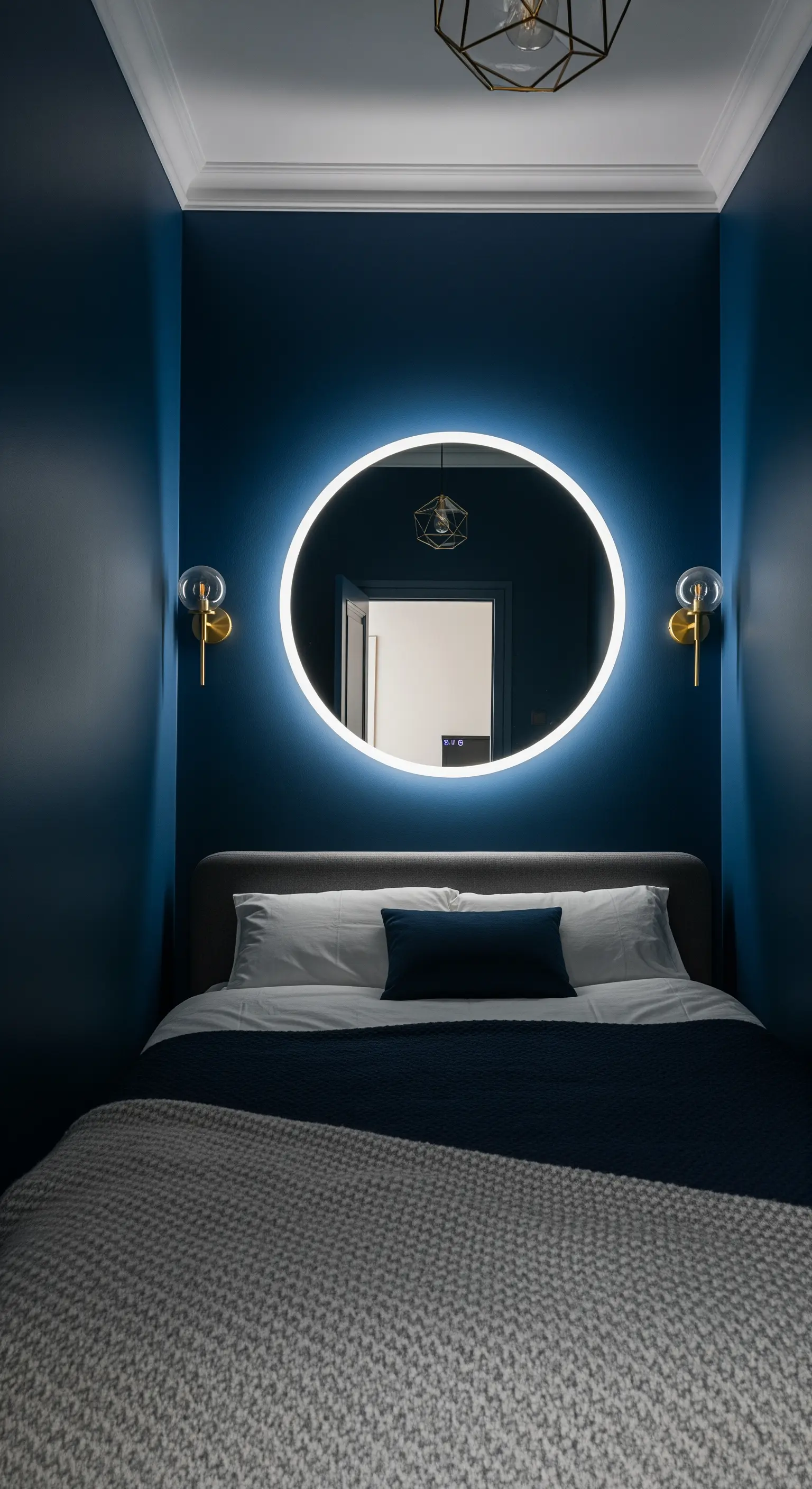 Specchio rotondo con retroilluminazione a LED in una piccola camera da letto blu scuro.