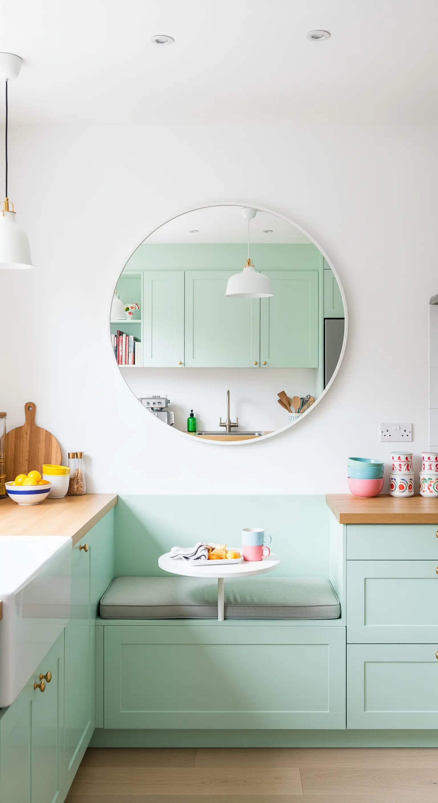 Cucina color menta con grande specchio rotondo sopra una panca integrata.