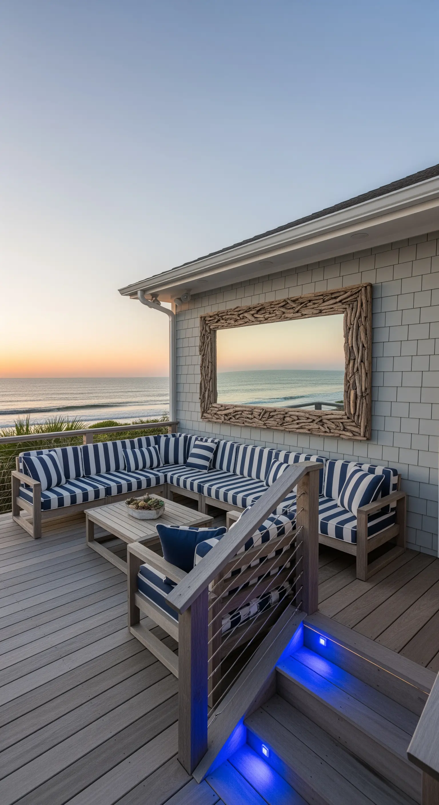 Terrazza sull'oceano con divano a righe e un grande specchio con cornice in legno spiaggiato.
