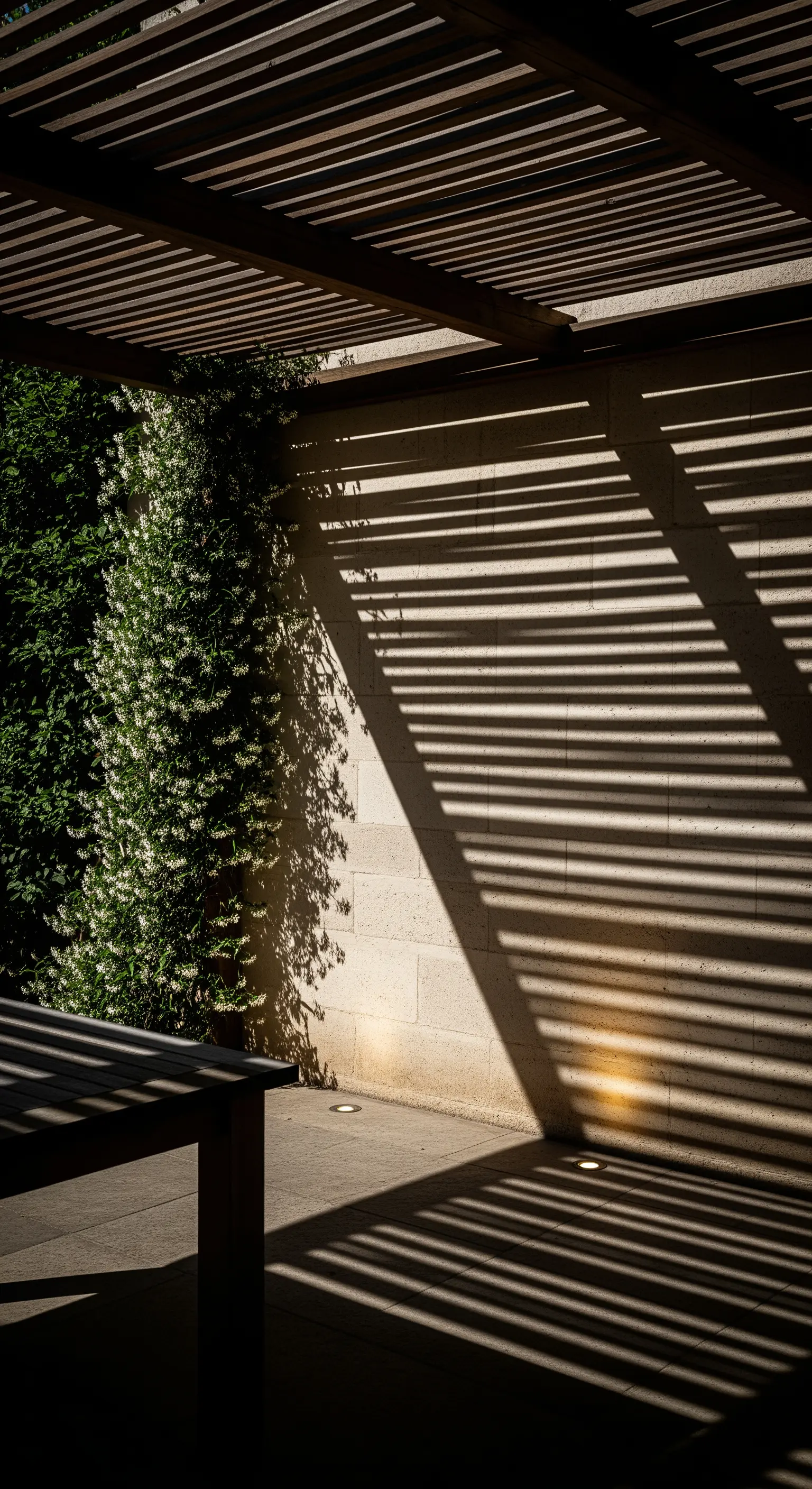 Ombre nette e lineari proiettate da un pergolato su una parete e sul pavimento.