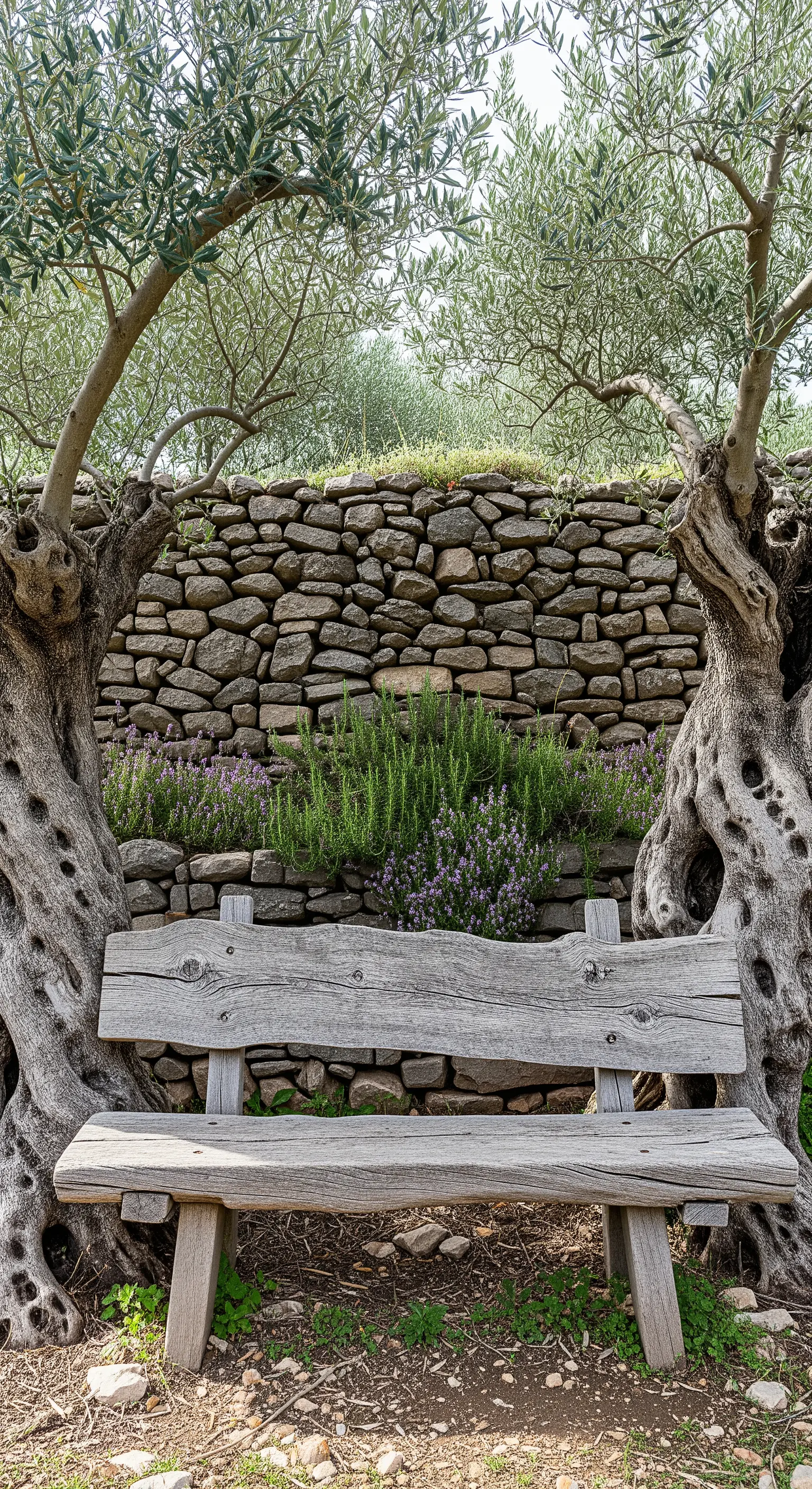 Panchina in legno grezzo tra due ulivi secolari, di fronte a un muretto a secco.