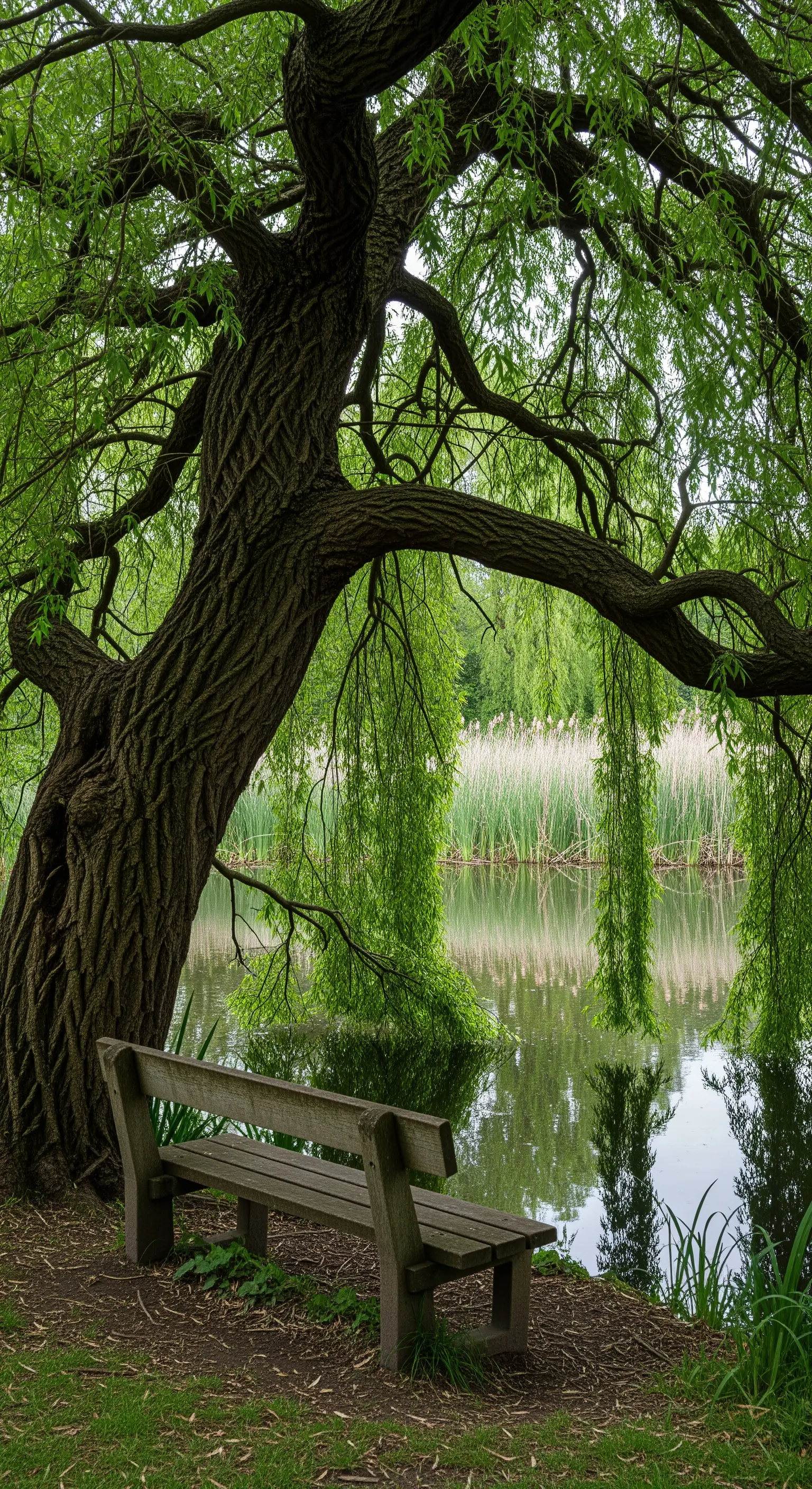 Panchina in legno all'ombra di un grande salice piangente sulla riva di un laghetto.