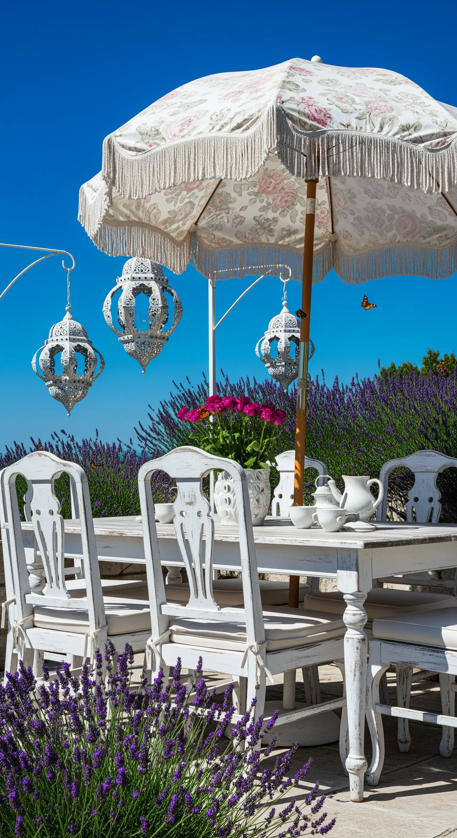 Tavolo da pranzo bianco con un ombrellone a fantasia floreale e frange.