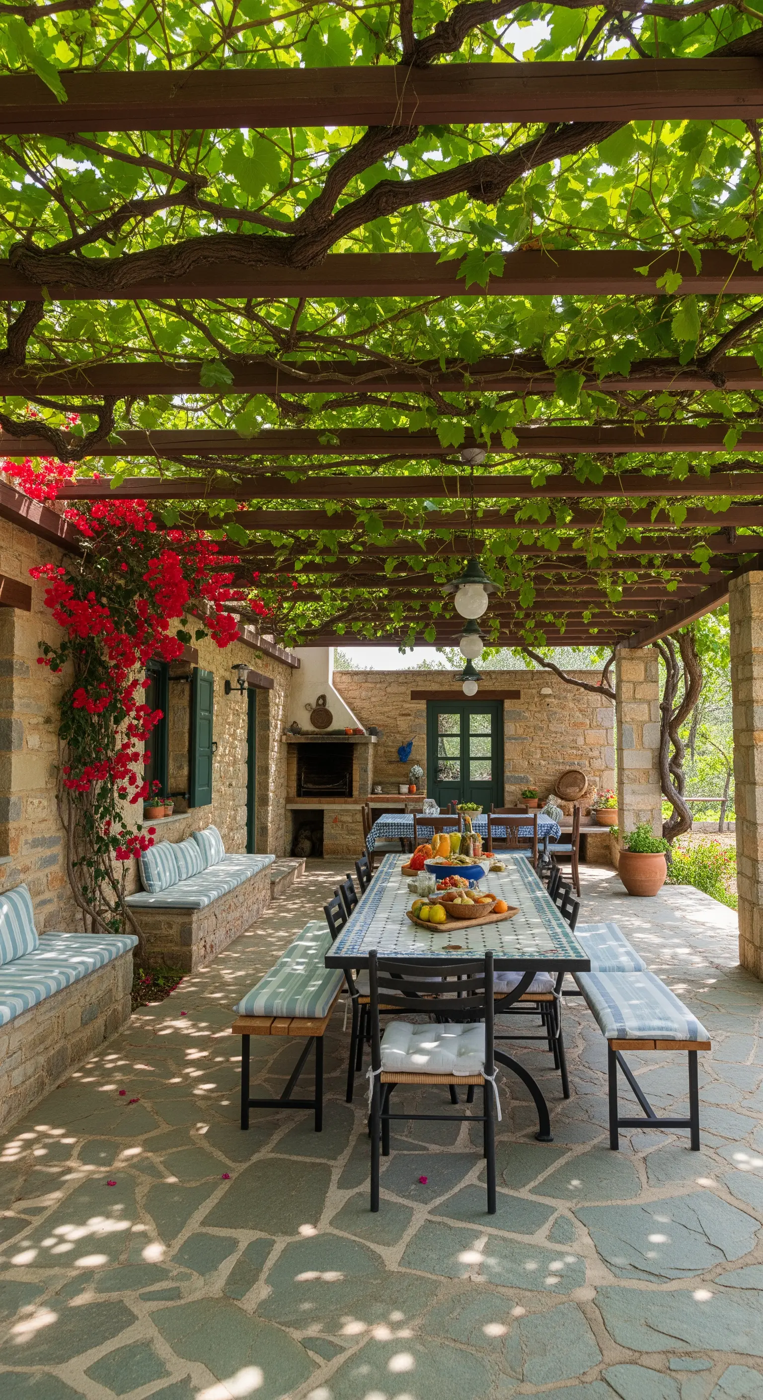 Portico rustico con panche in muratura, tavolo da pranzo e un fitto pergolato di vite.