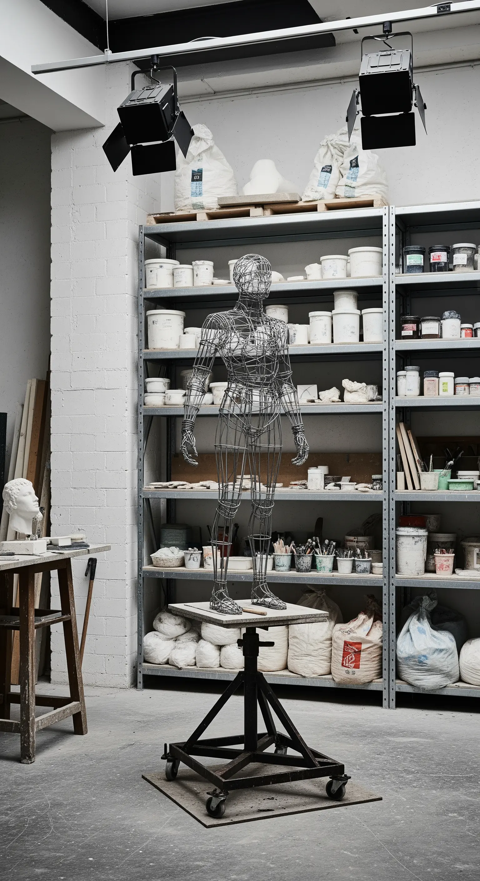 Studio di scultura con scaffali metallici, sacchi di gesso e una scultura in fil di ferro.