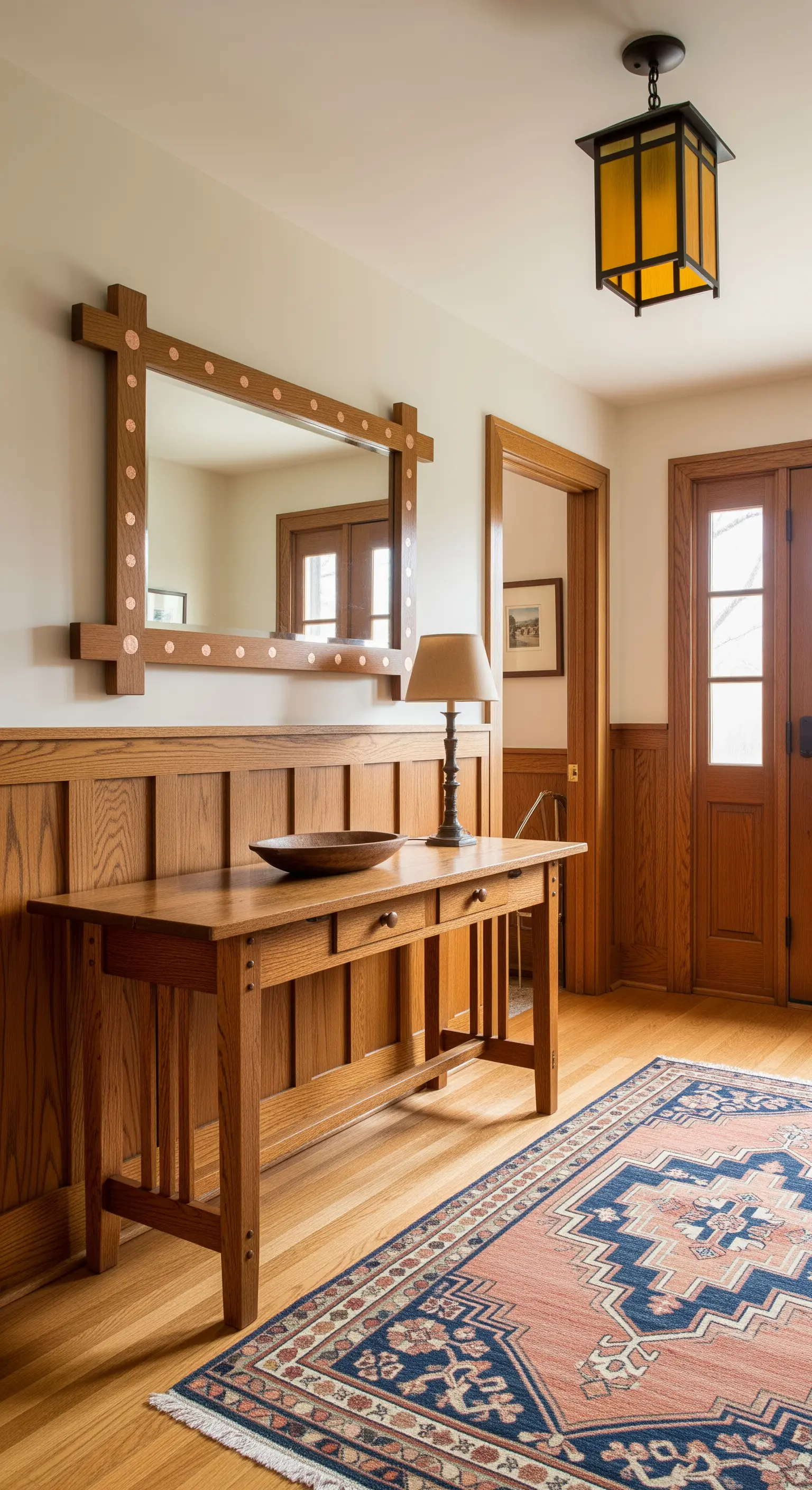 Ingresso in stile Arts and Crafts con boiserie e mobili in rovere con inserti in rame.