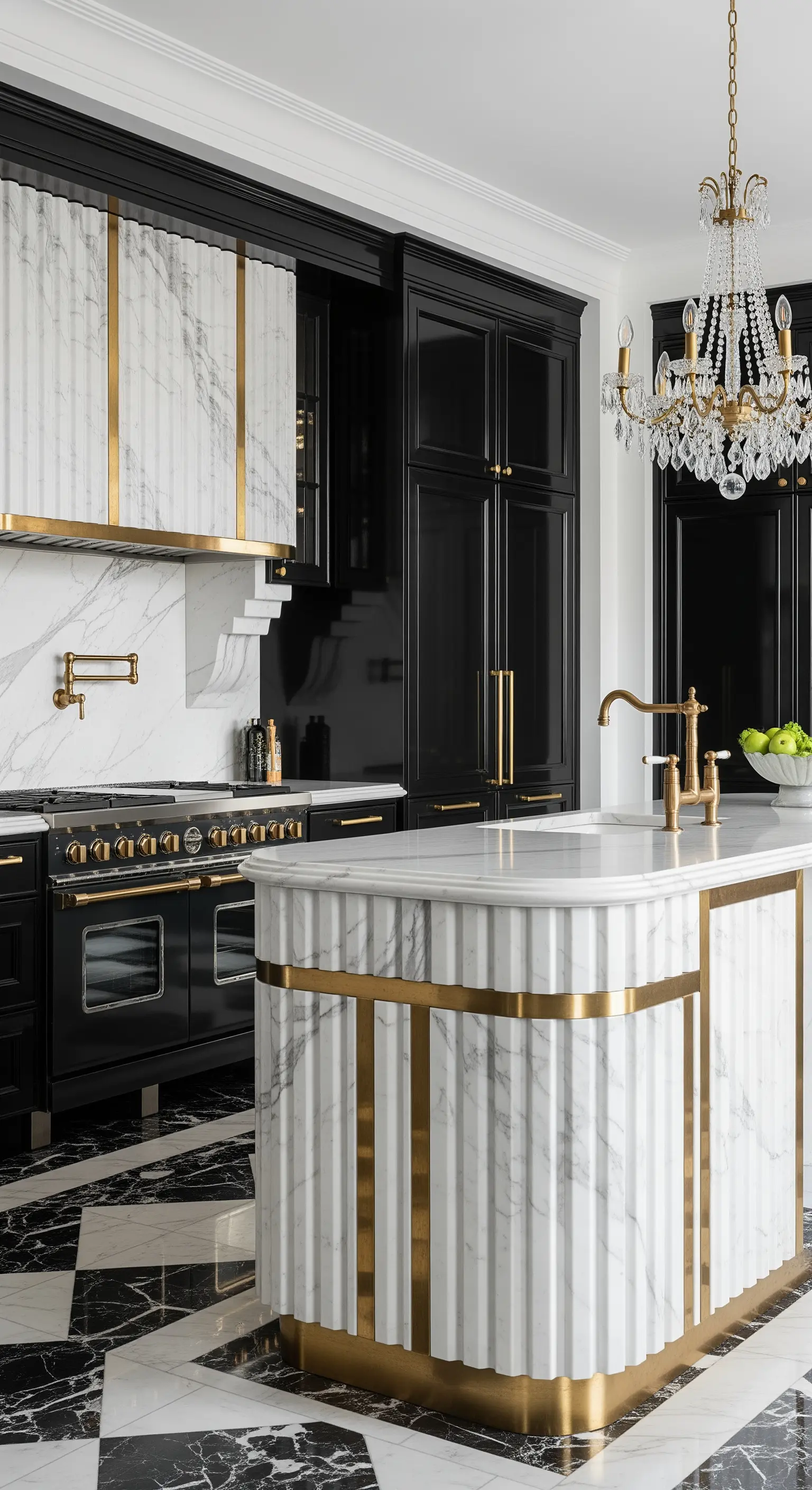 Isola in marmo bianco cannettato con inserti in ottone in una cucina lussuosa in bianco e nero.