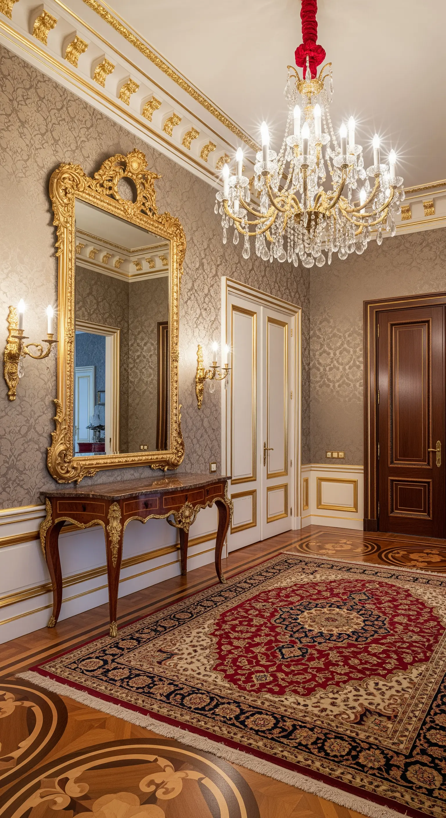 Ingresso sfarzoso con carta da parati damascata, specchio e lampadario dorati.