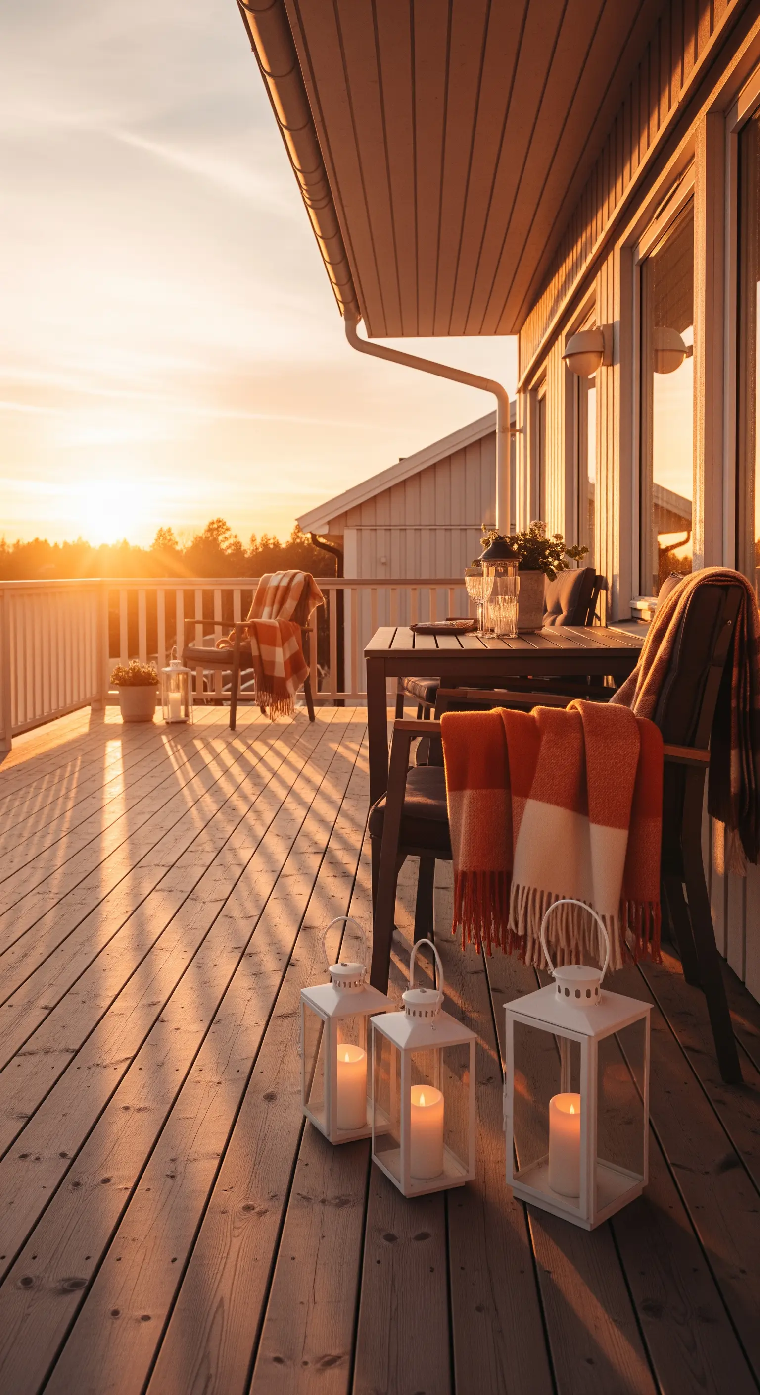 Patio in legno al tramonto con tavolo, sedie e lanterne bianche che riflettono la luce.