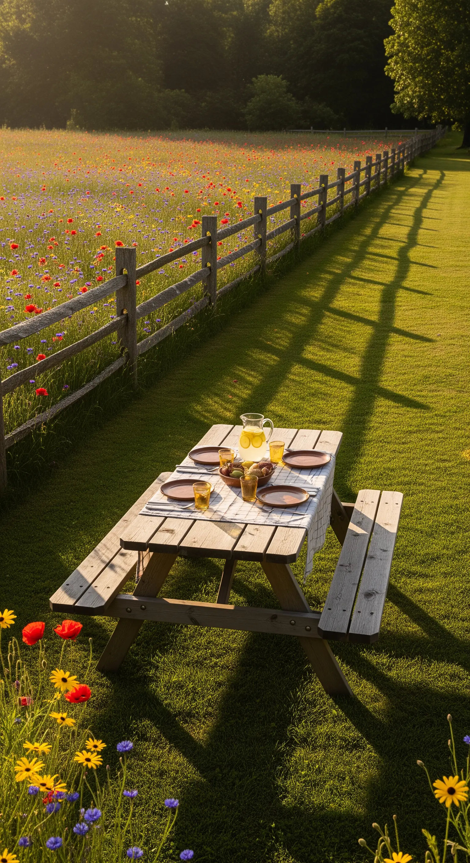 Tavolo da picnic in legno accanto a una staccionata e un campo di papaveri al tramonto.