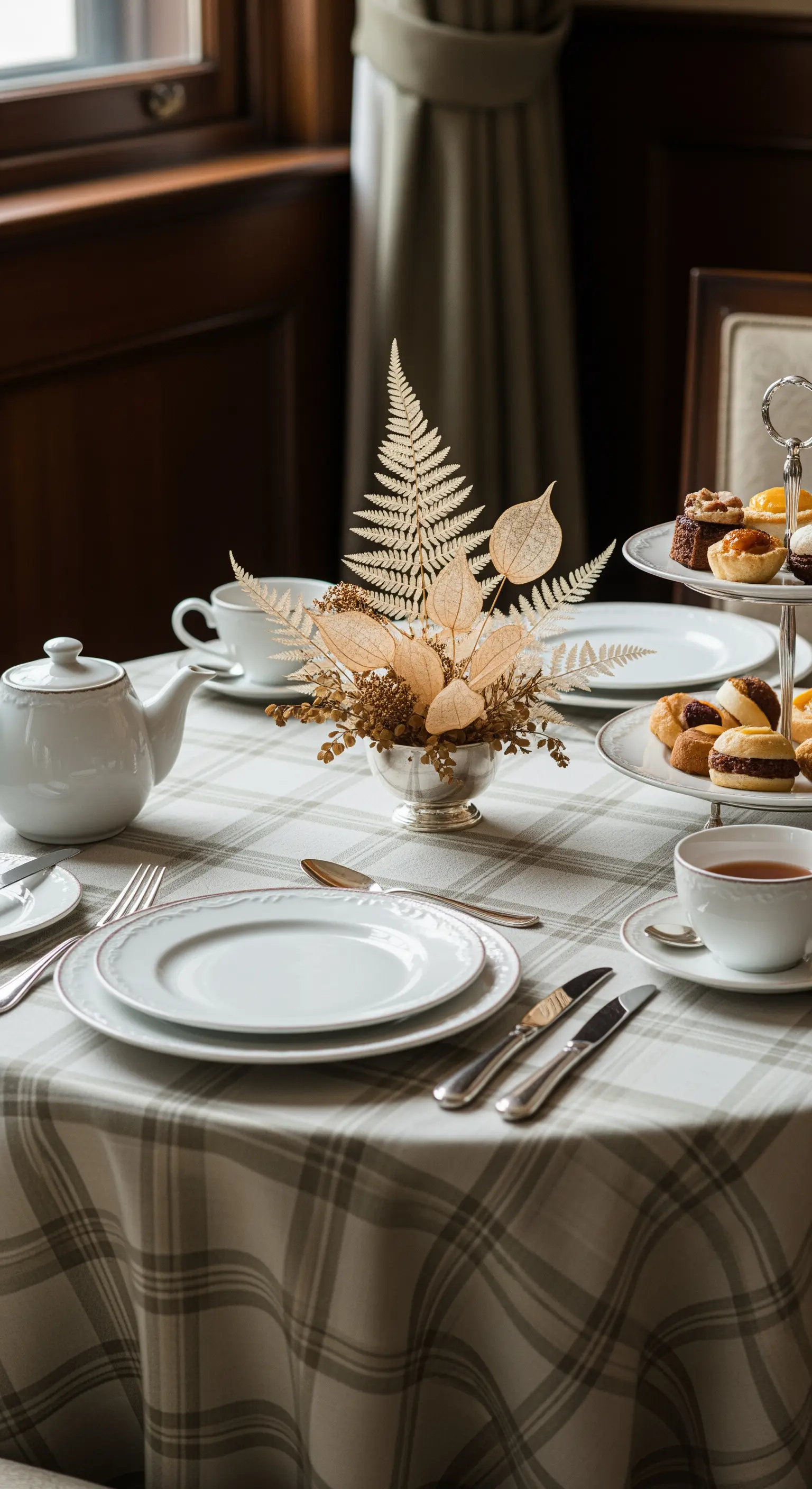 Tavola da tè con tovaglia a quadri chiari, porcellana bianca e un piccolo centrotavola dorato.