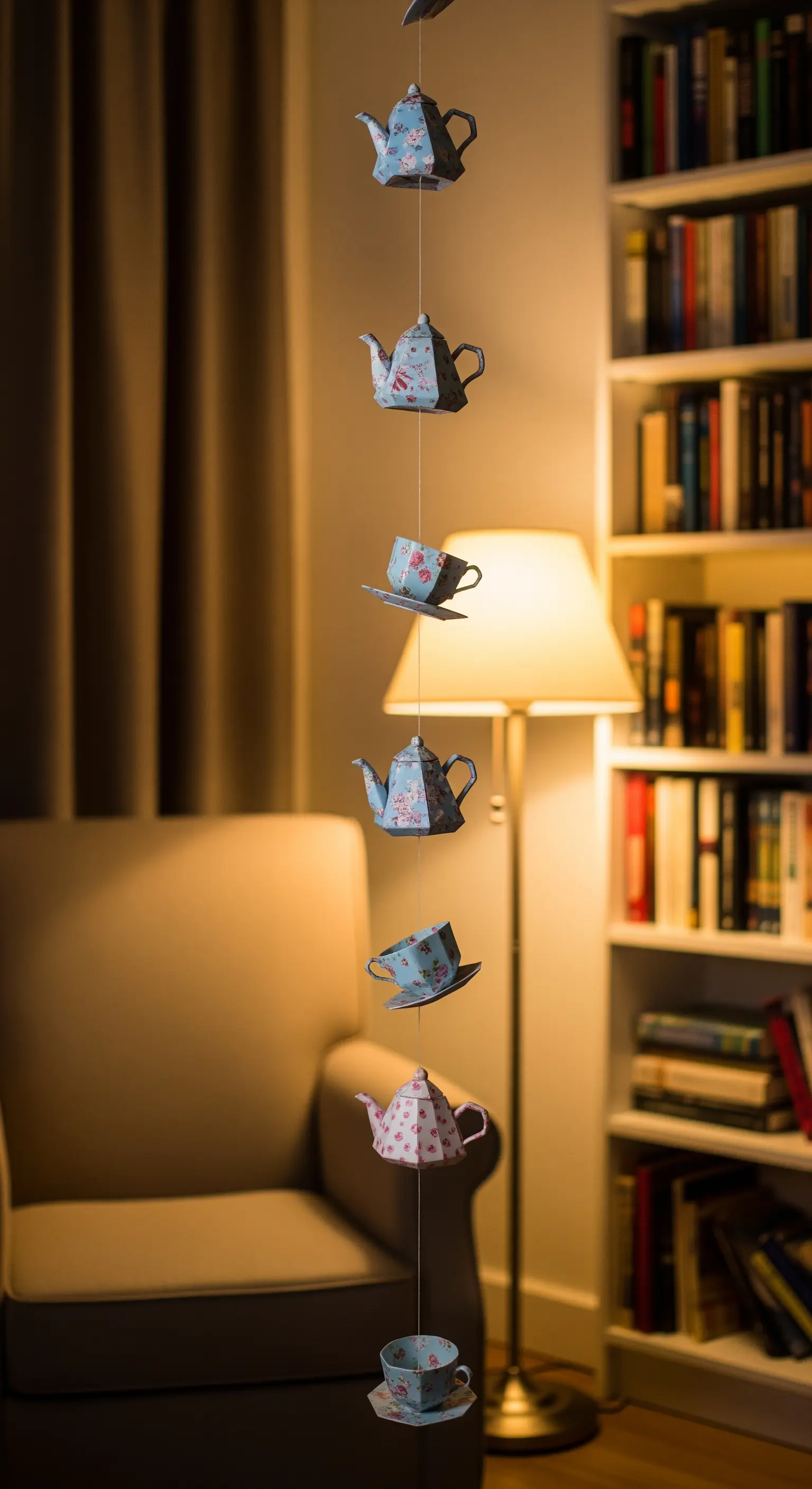 Filo verticale con teiere e tazzine di origami con motivi floreali.