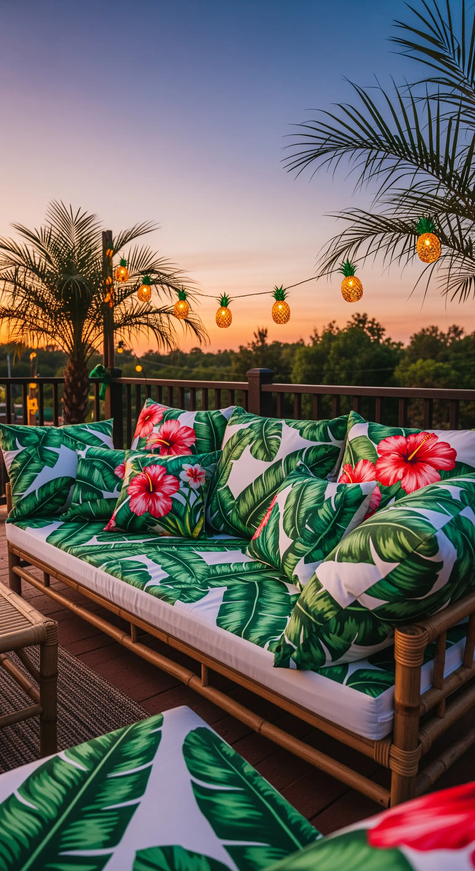 Patio al tramonto con divano dai cuscini tropicali e una ghirlanda di luci a forma di ananas.