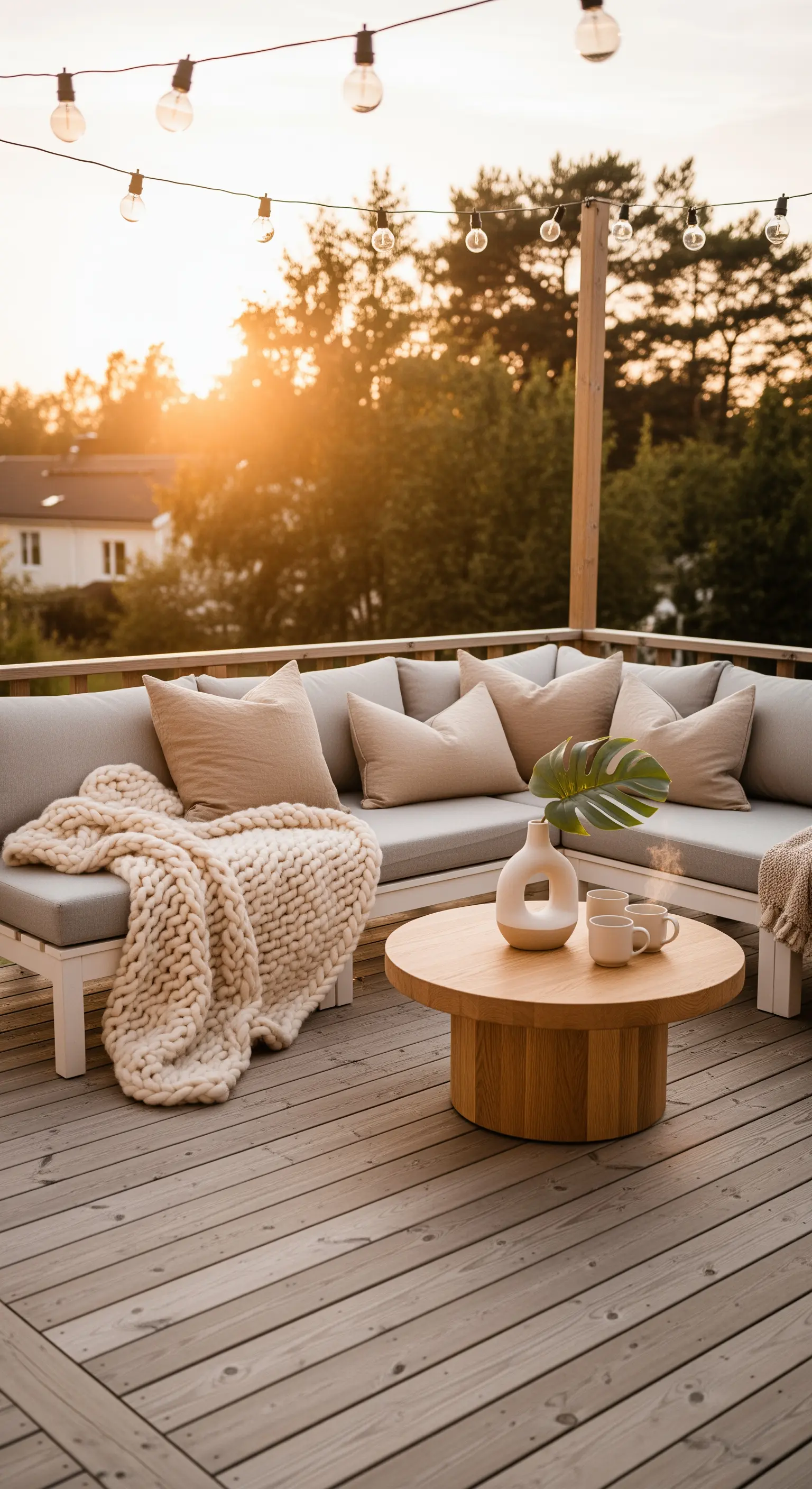 Patio in legno con divano angolare grigio, coperta a maglia grossa e luci a stringa.