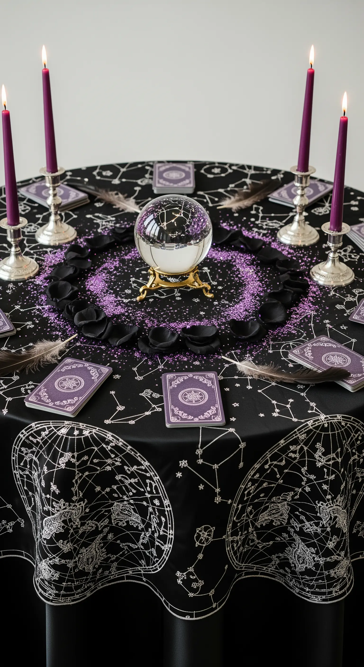 Tavolo da cartomante con sfera di cristallo, tarocchi, candele e tovaglia a tema astrale.