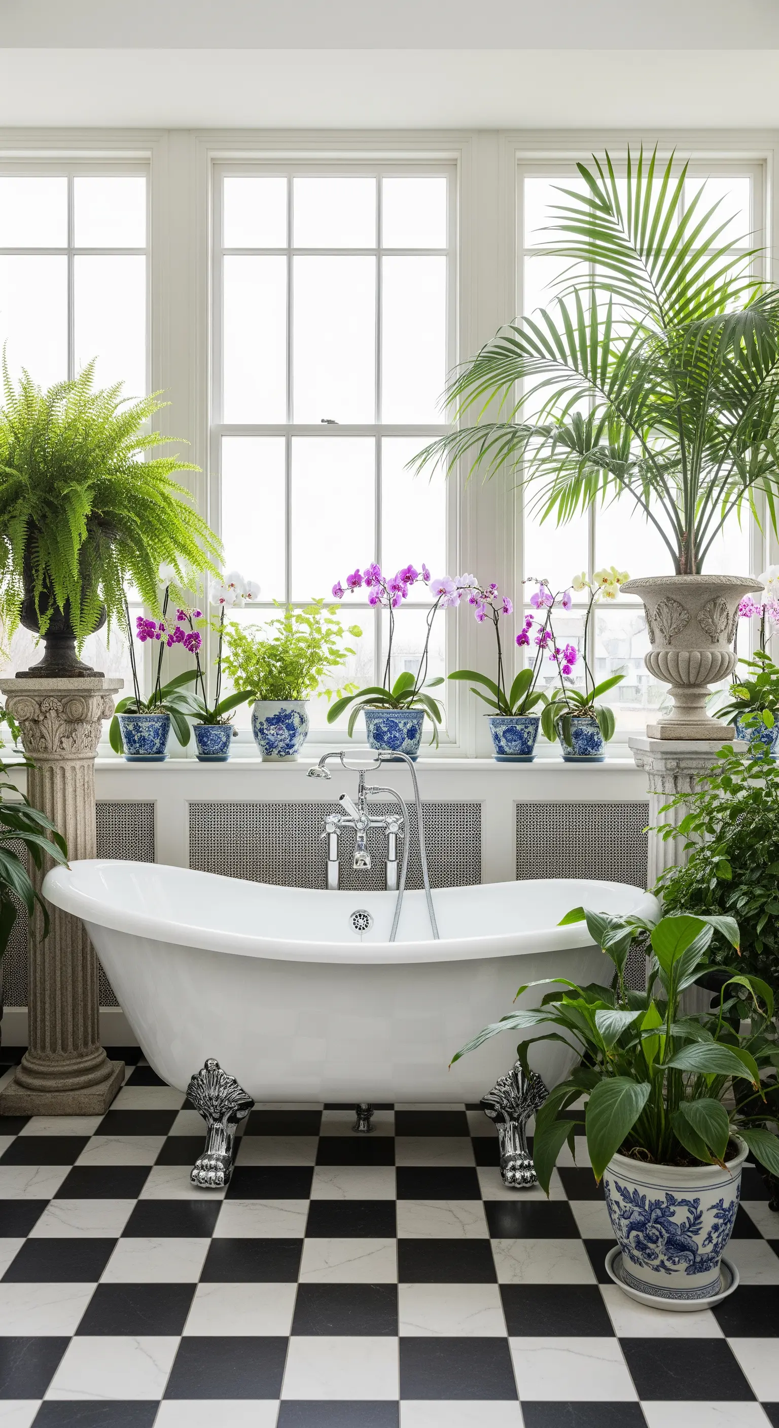 Bagno classico con vasca freestanding, pavimento a scacchi e una collezione di orchidee e felci.