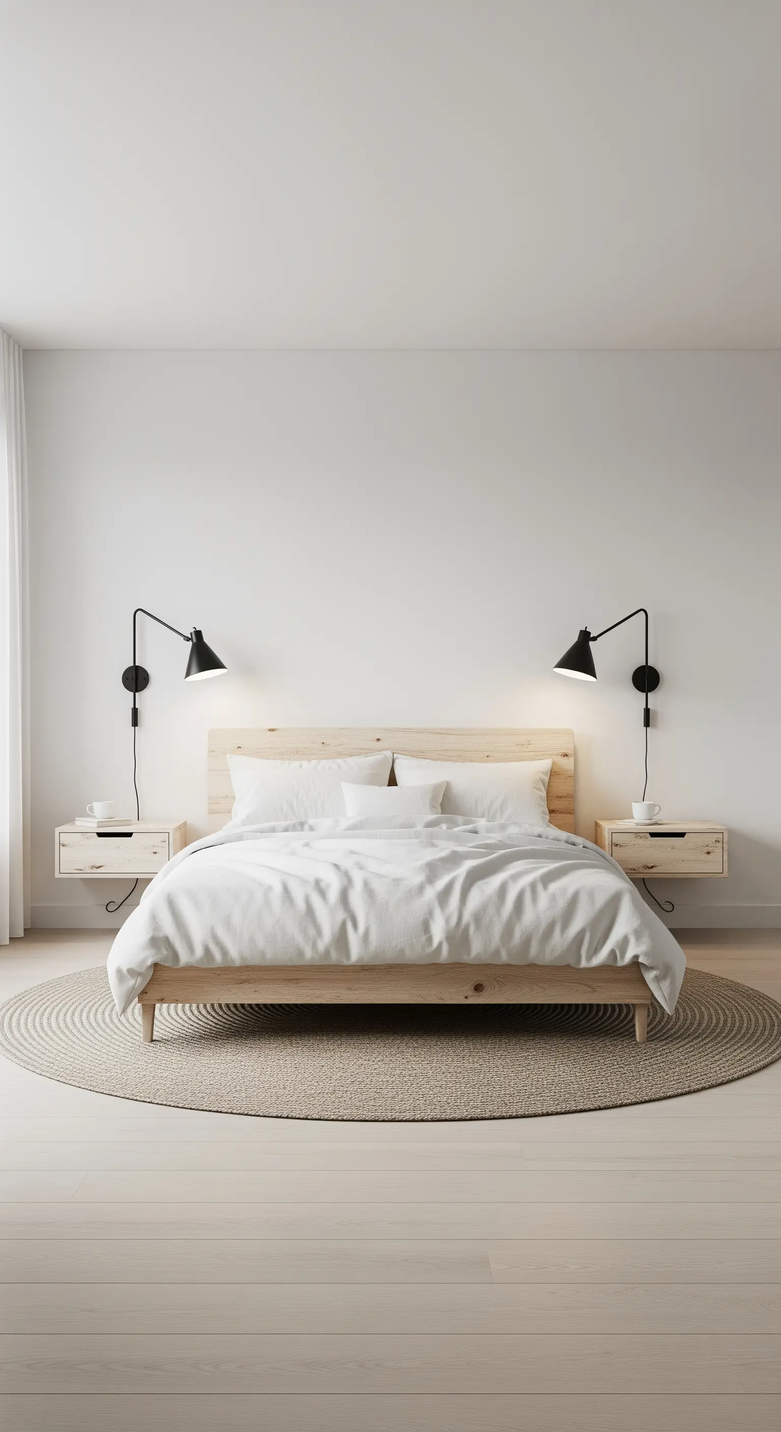 Camera da letto simmetrica con applique nere e comodini sospesi in legno.