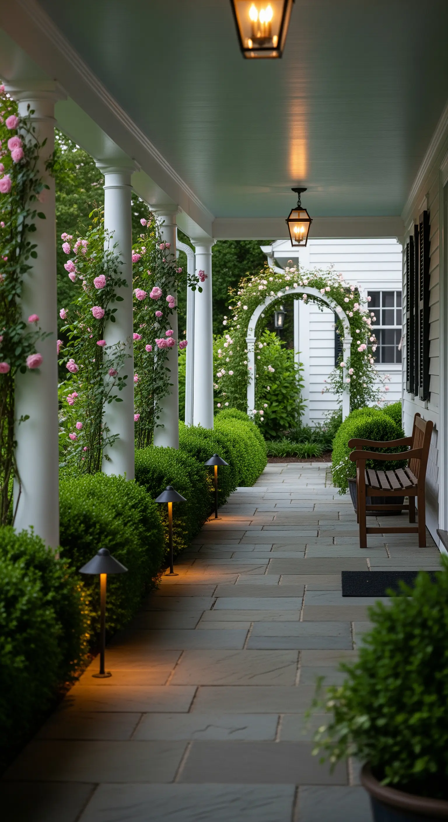 Portico classico con colonne bianche, pavimento in ardesia e siepi di bosso ordinate.