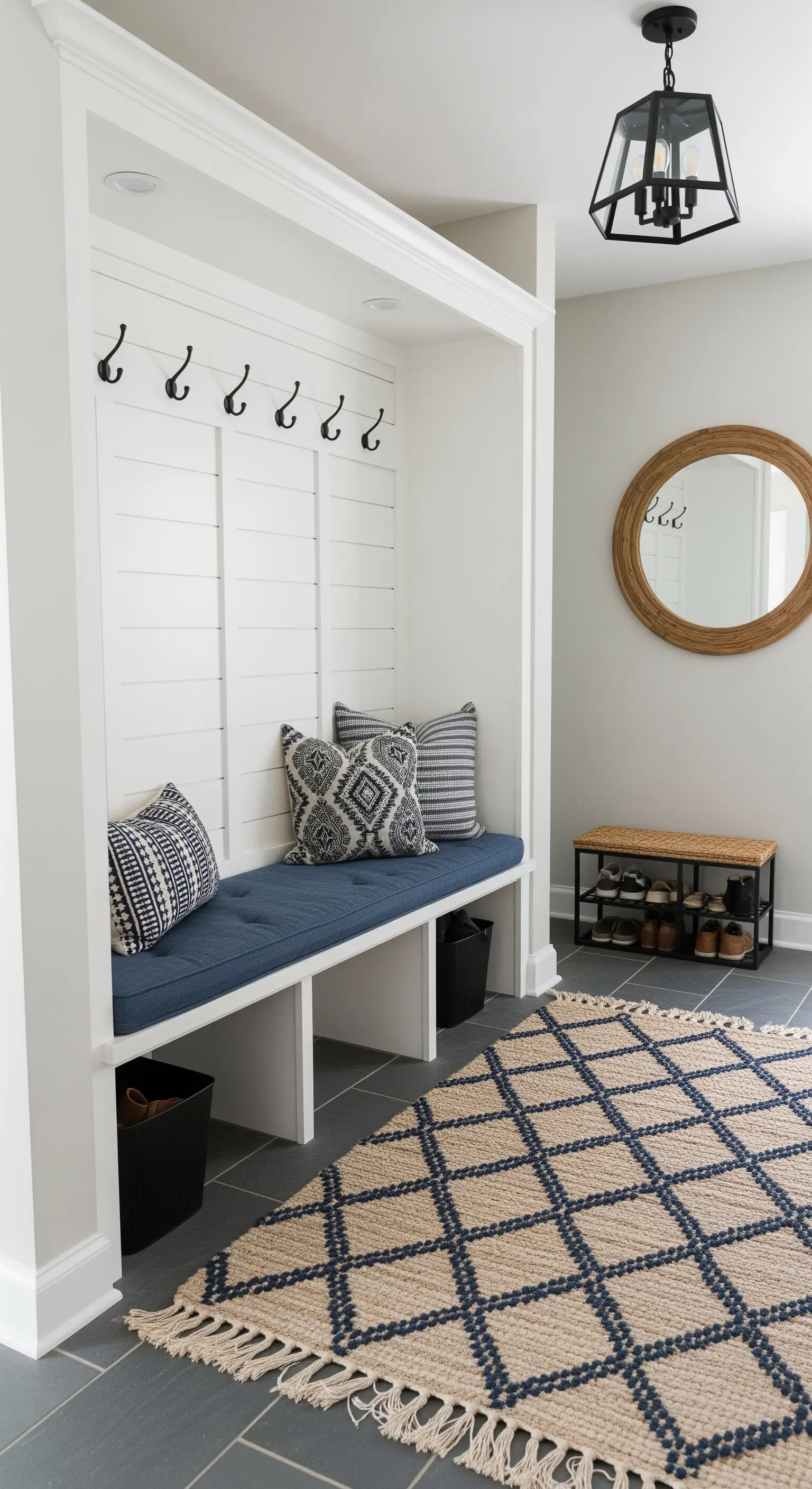 Nicchia d'ingresso bianca con panca blu integrata, cuscini a fantasia e tappeto in juta.