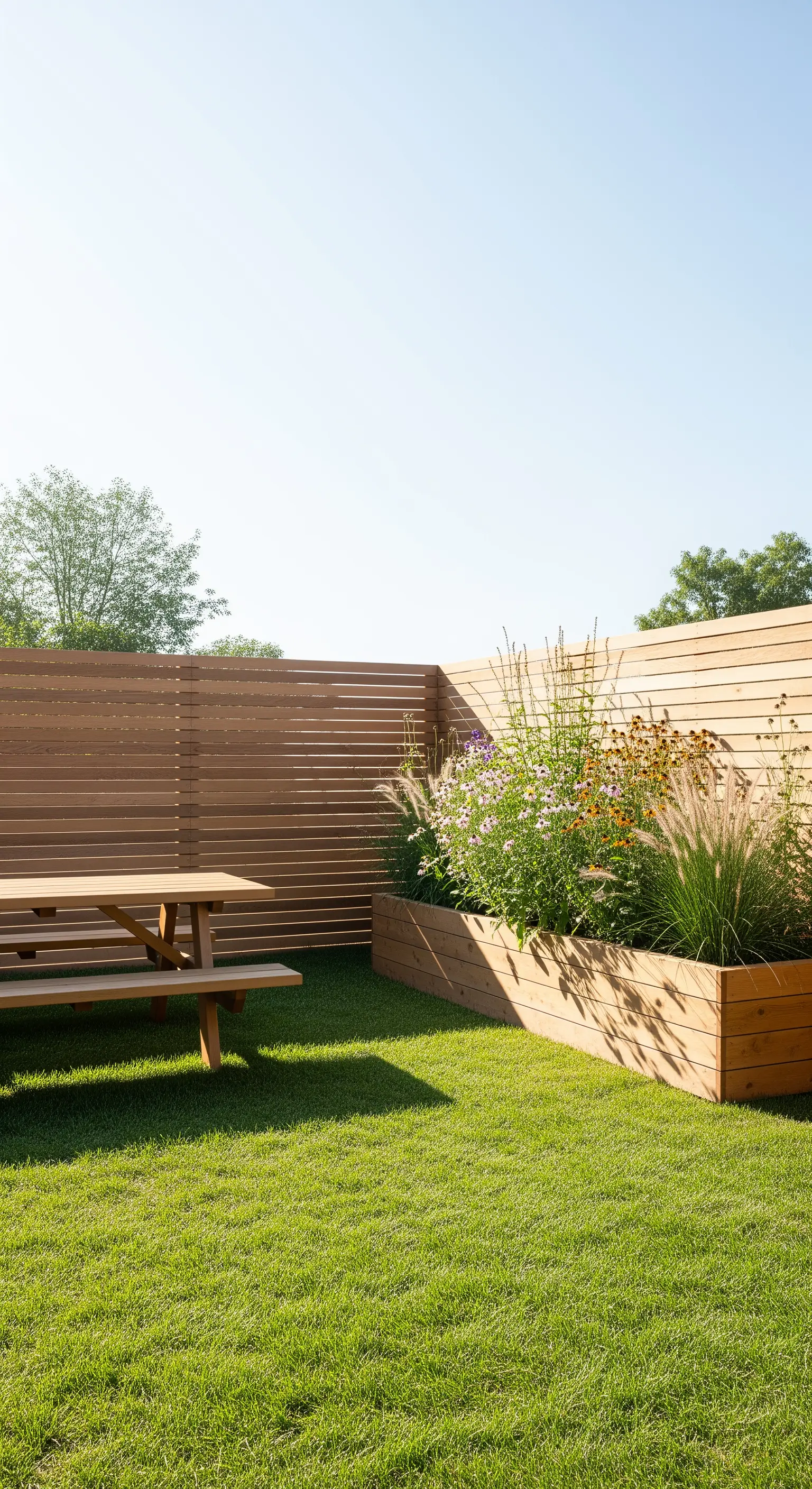 Recinzione moderna in listelli di legno, aiuola rialzata e tavolo da picnic coordinati.
