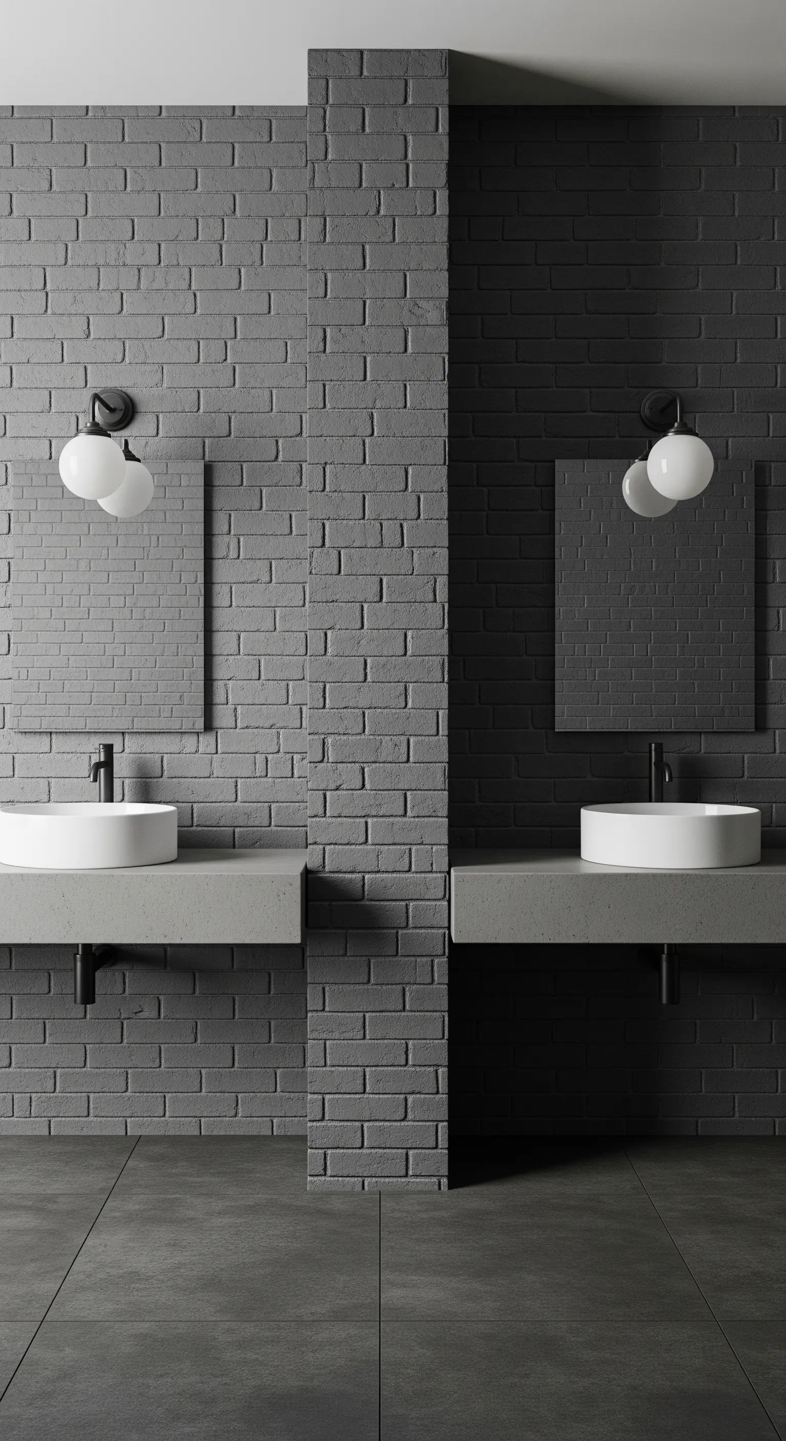 Bagno simmetrico con pareti in mattoni grigi, doppi lavabi e un divisorio centrale.