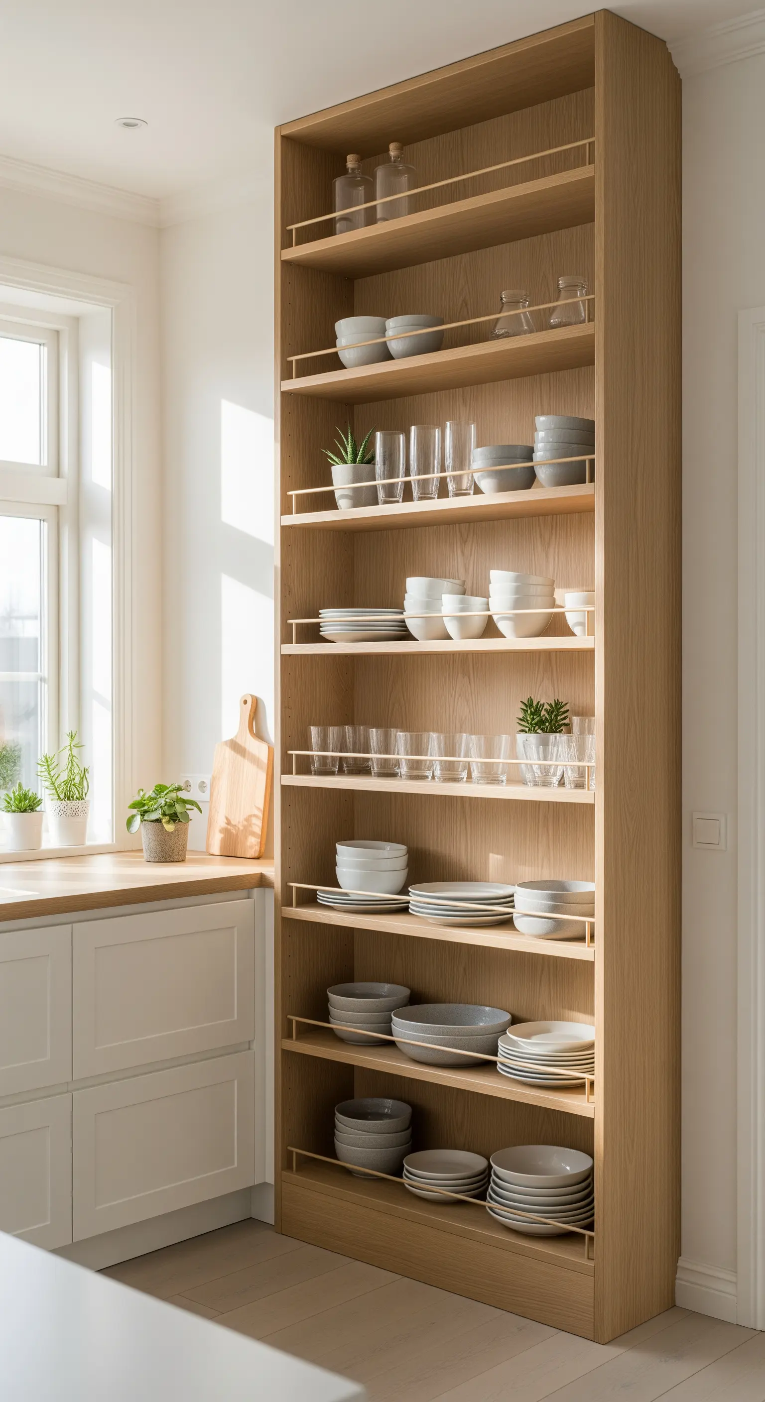 Libreria alta in rovere chiaro con stoviglie neutre e barre di ottone.