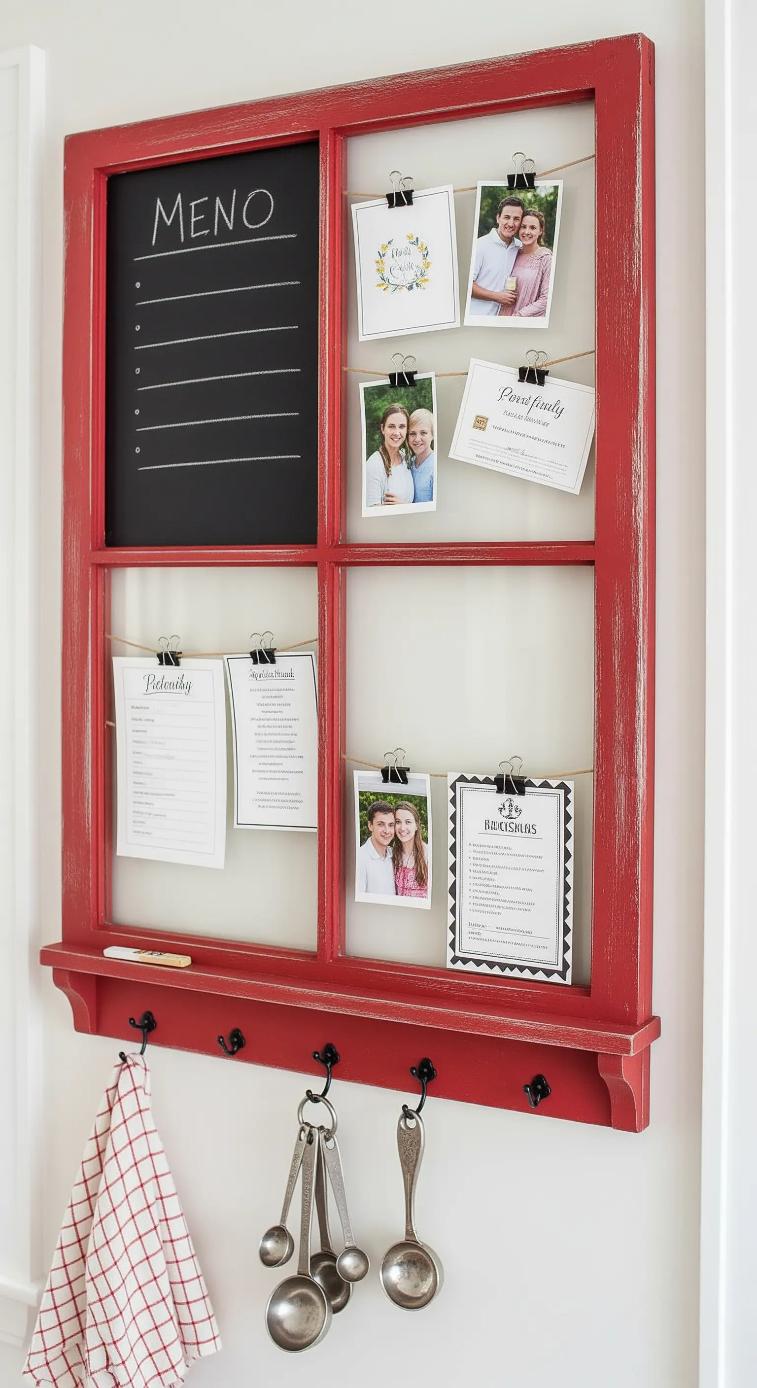 Finestra rossa trasformata in un organizer da cucina con lavagna, ganci e spazio per foto.