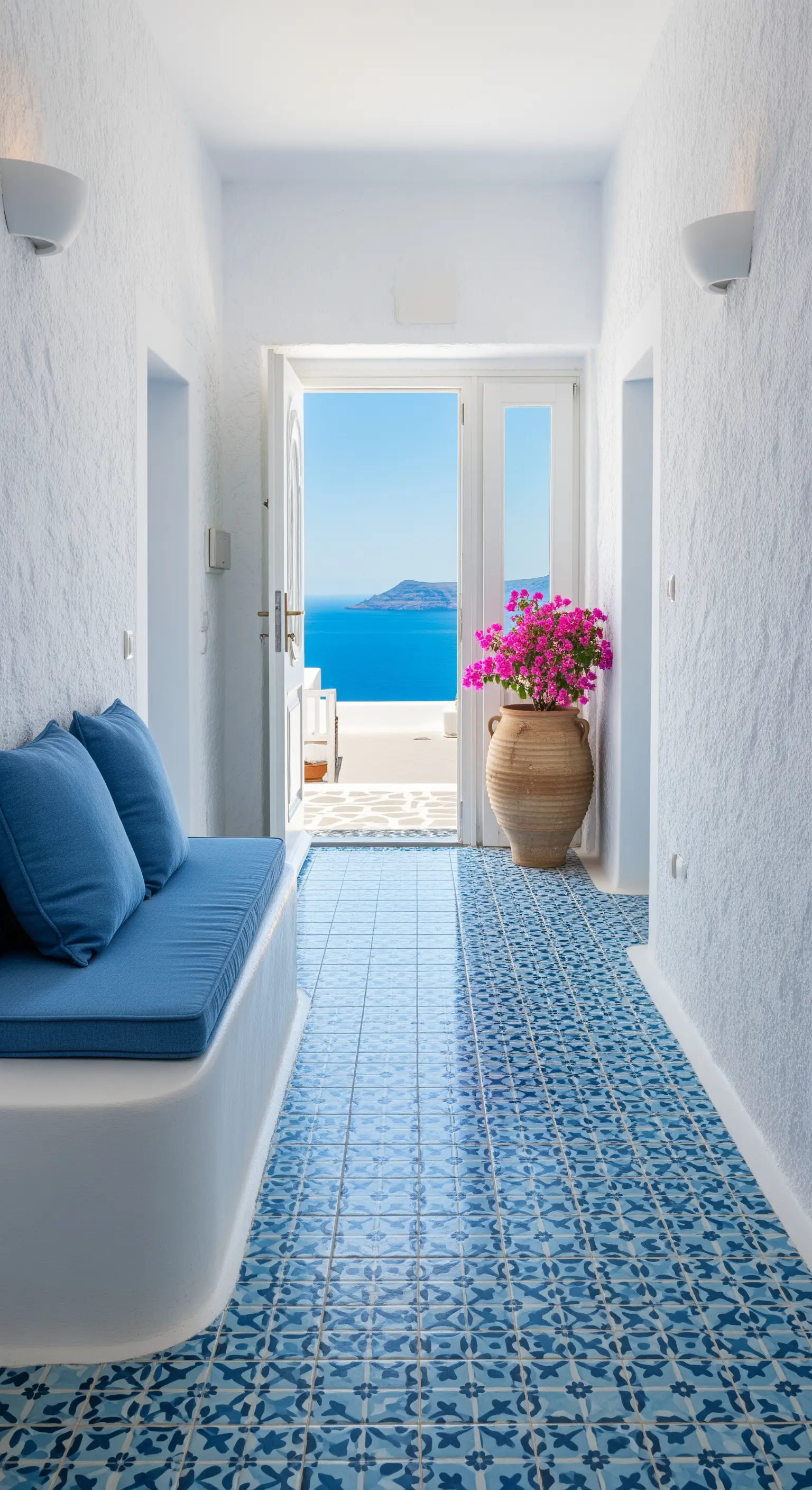 Corridoio bianco con pavimento in maiolica blu e vista sul mare.