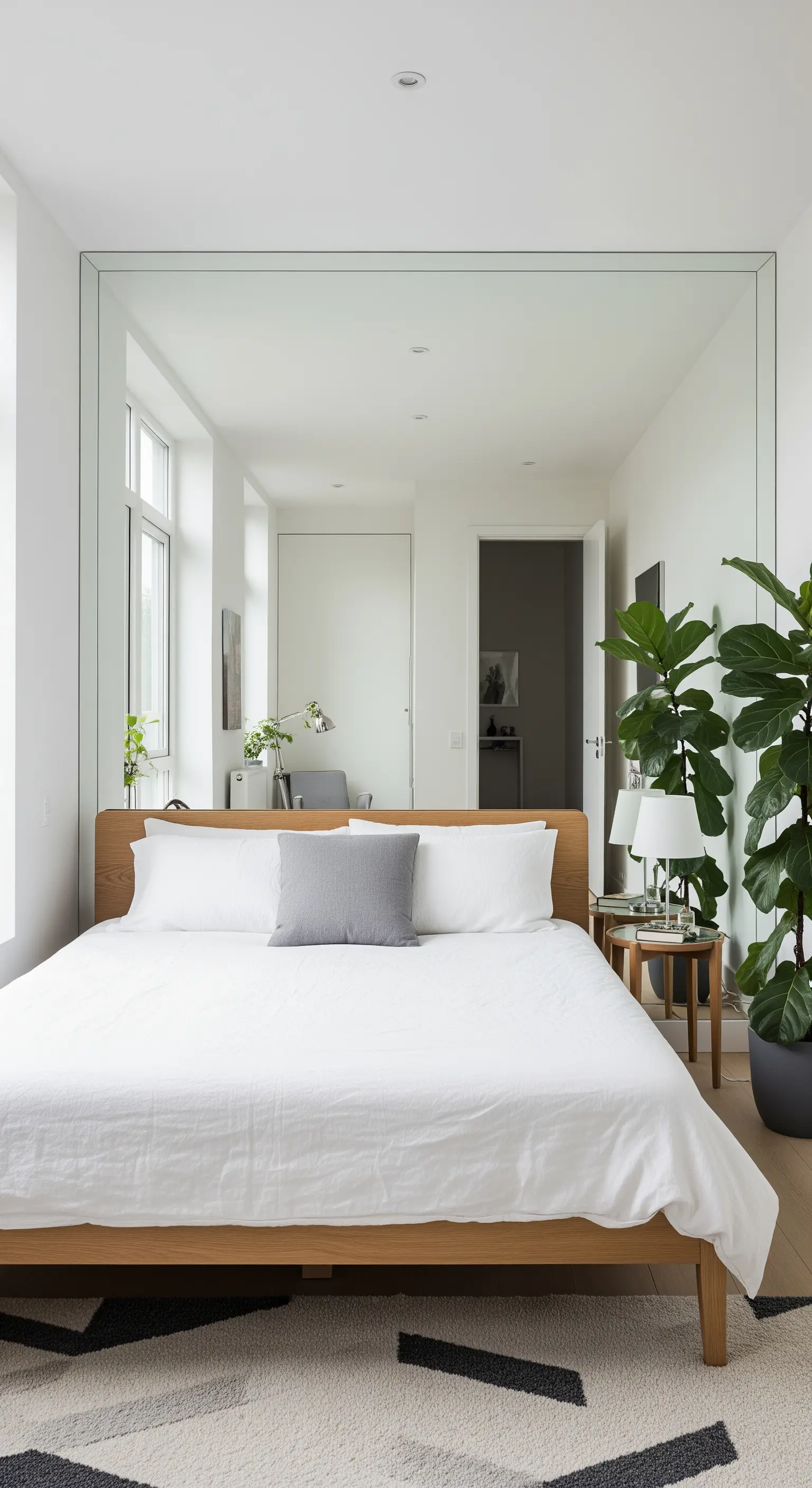 Camera da letto minimalista con una parete a specchio dietro il letto.