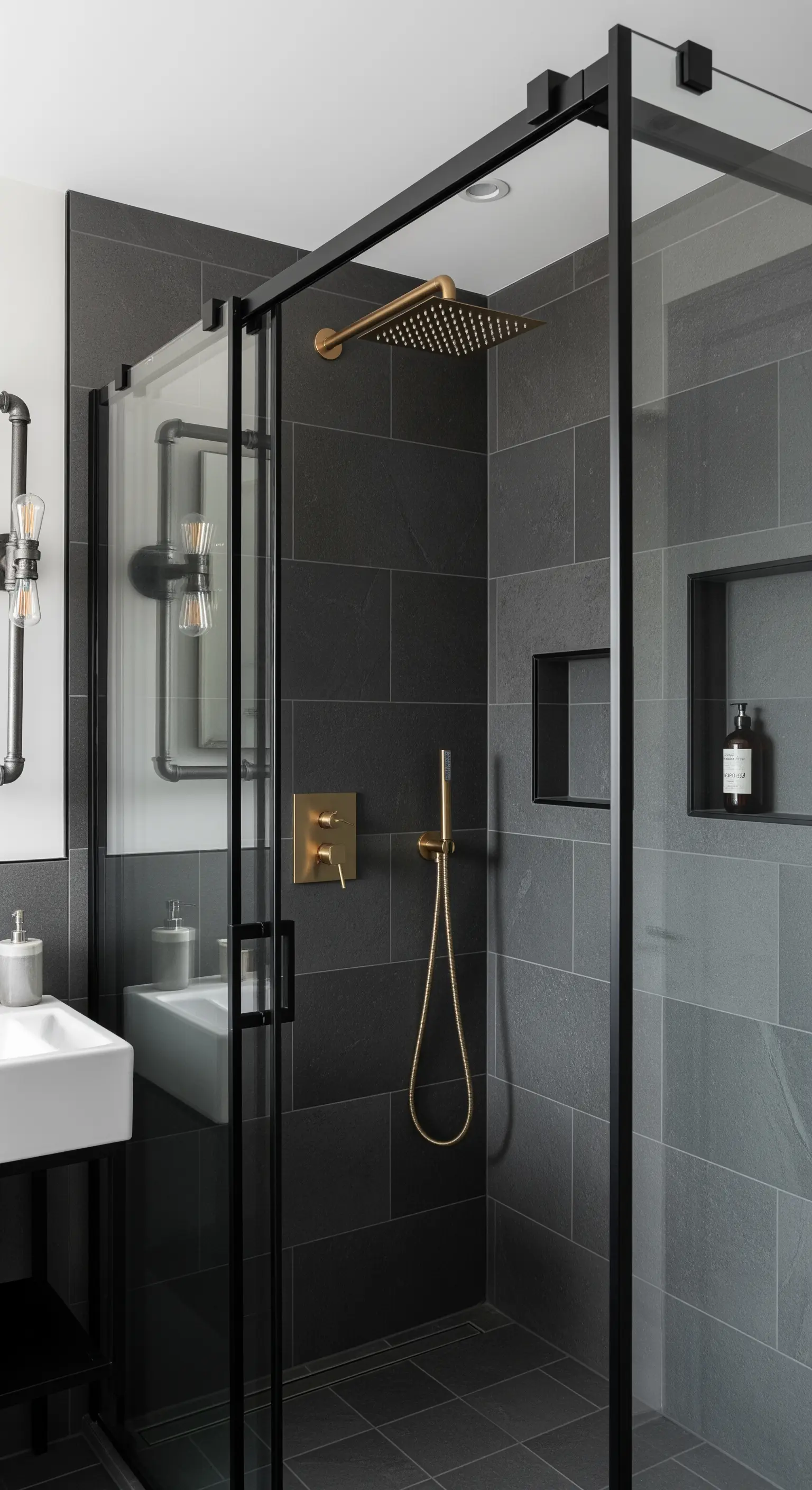 Doccia con profili neri, piastrelle grigie e rubinetteria in oro spazzolato.