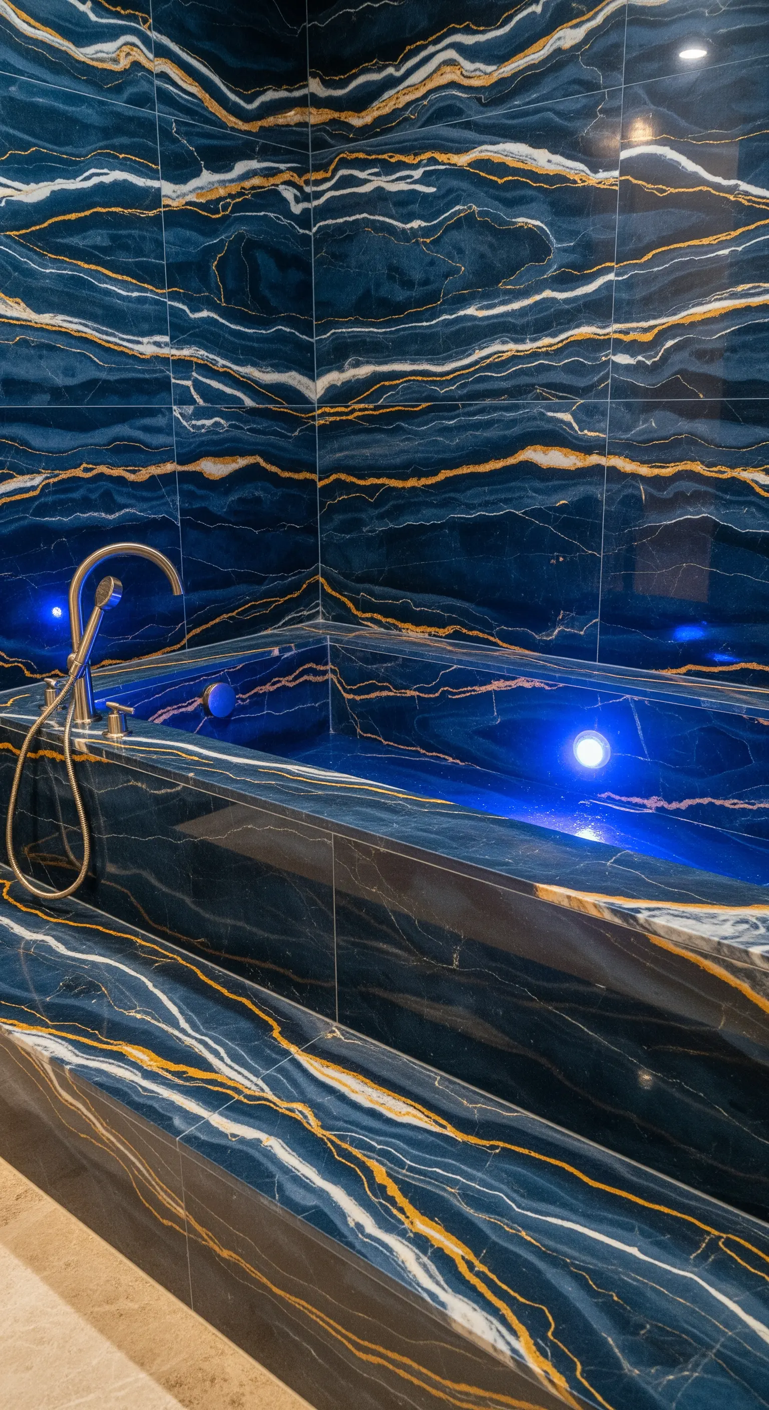 Dettaglio di una vasca da bagno rivestita in marmo blu scuro con venature dorate e bianche.