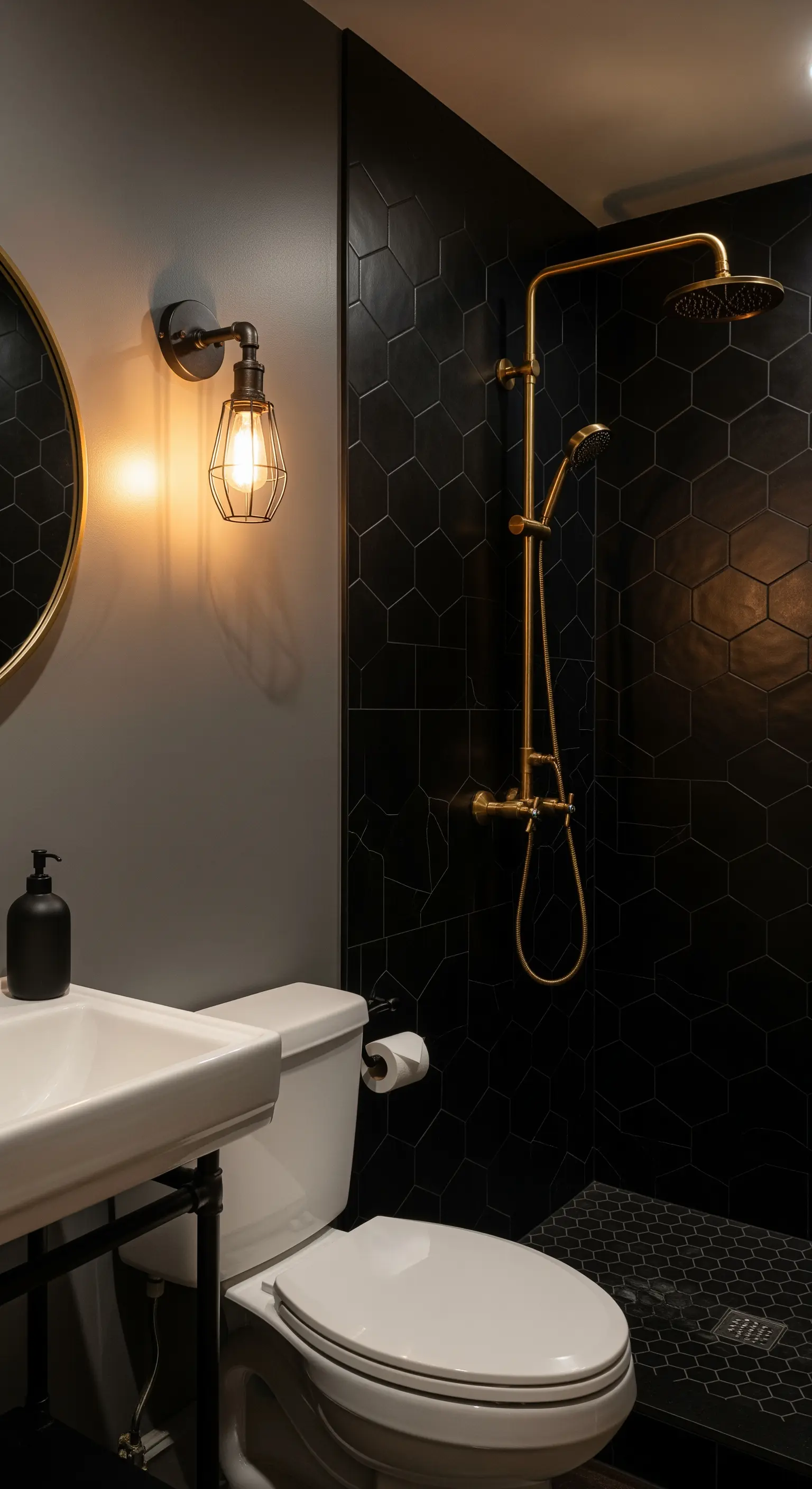 Doccia con piastrelle esagonali nere opache e rubinetteria in oro satinato.