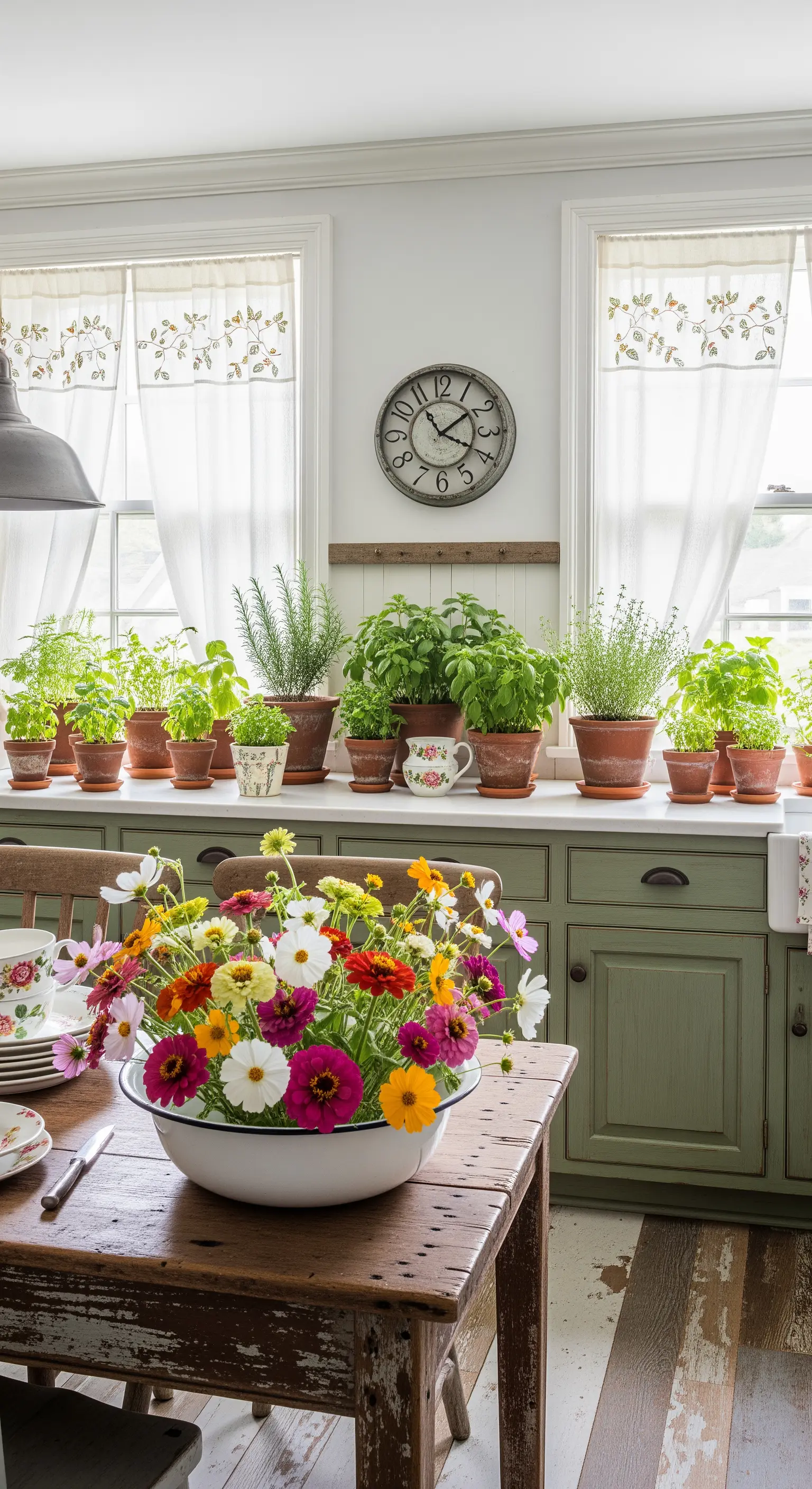 Cucina shabby verde oliva con un orto di erbe aromatiche sul davanzale.