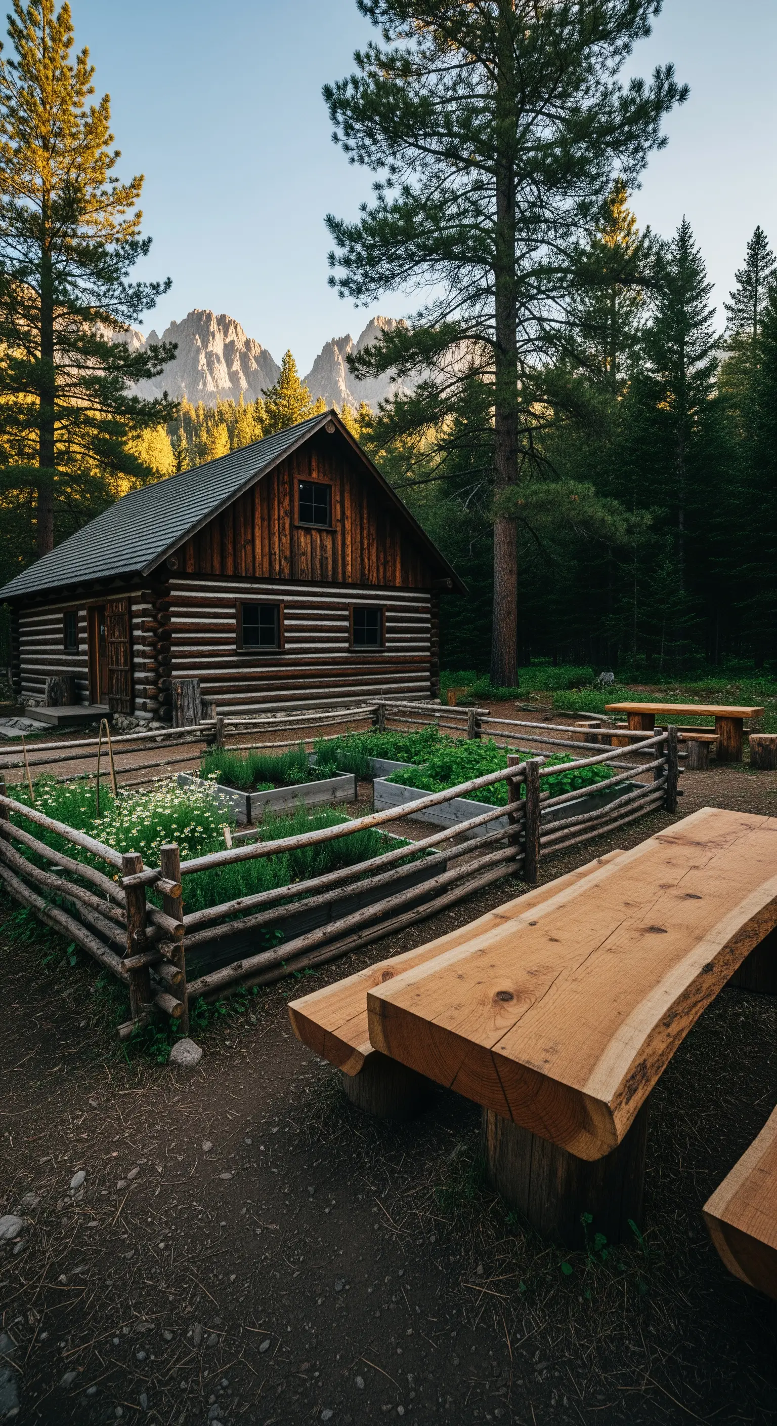 Baita in legno con orto rialzato e recinzione in tronchi grezzi.