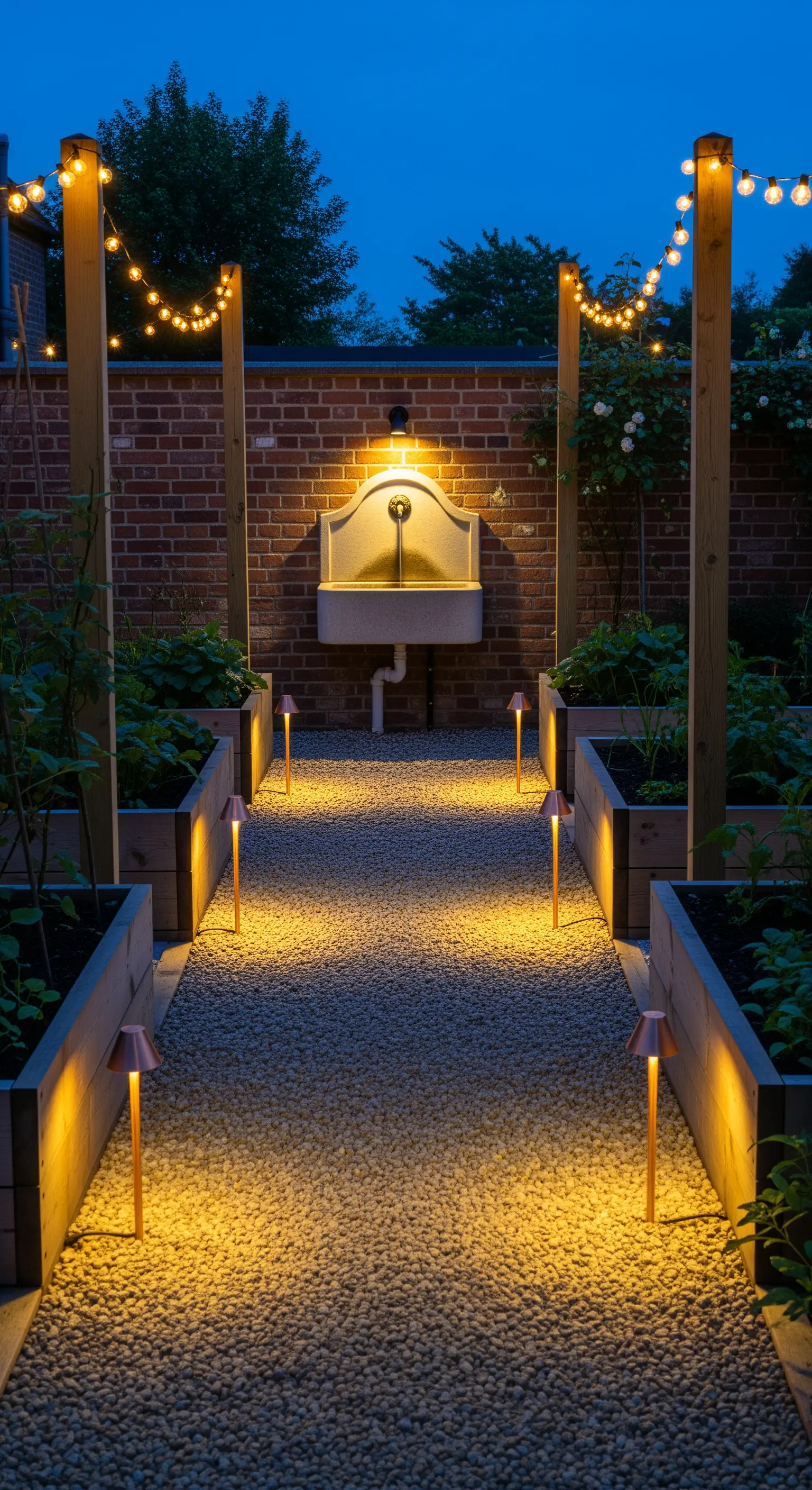 Orto con aiuole rialzate e sentiero in ghiaia, illuminato da lampioncini e fili di luci.