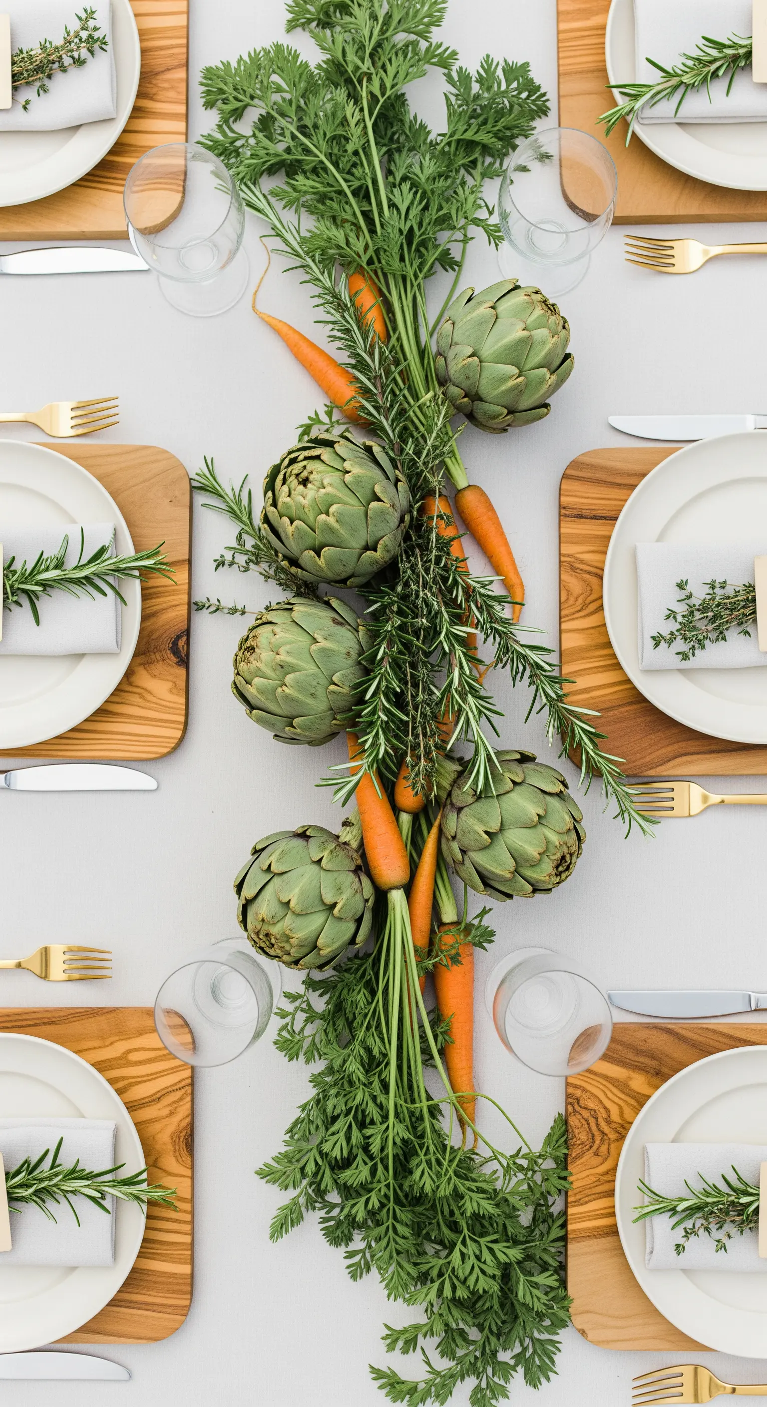 Runner vegetale composto da carciofi, carote ed erbe aromatiche su una tavola da matrimonio.